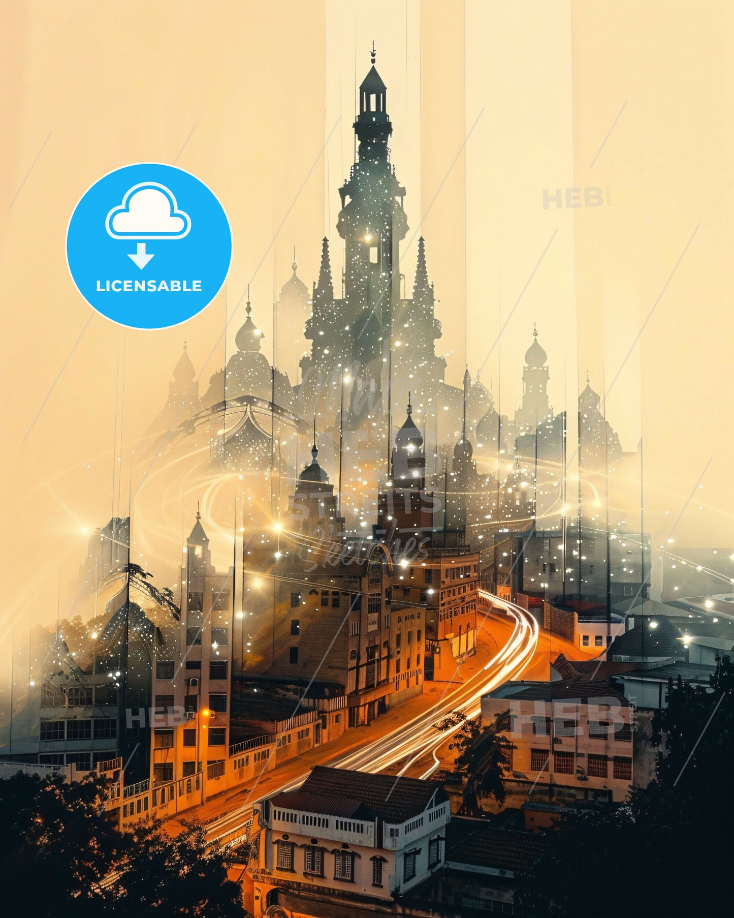 Touba Skyline Composite Art with Sparkling Icons - A city with a tall tower and a road