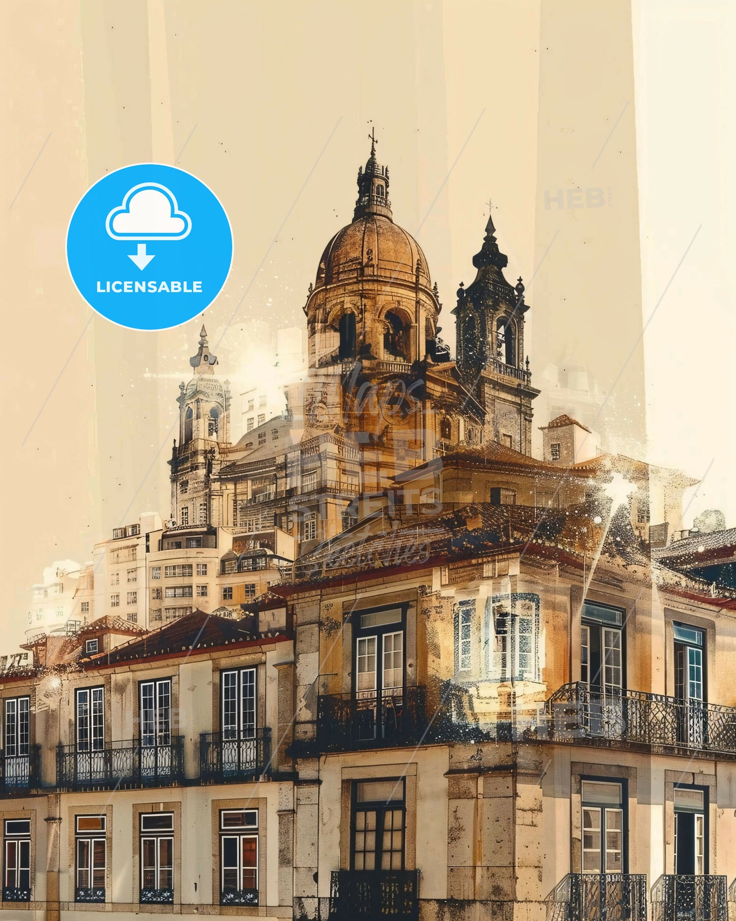 Trofa Skyline Double Exposure Cityscape Art - A building with a dome on top