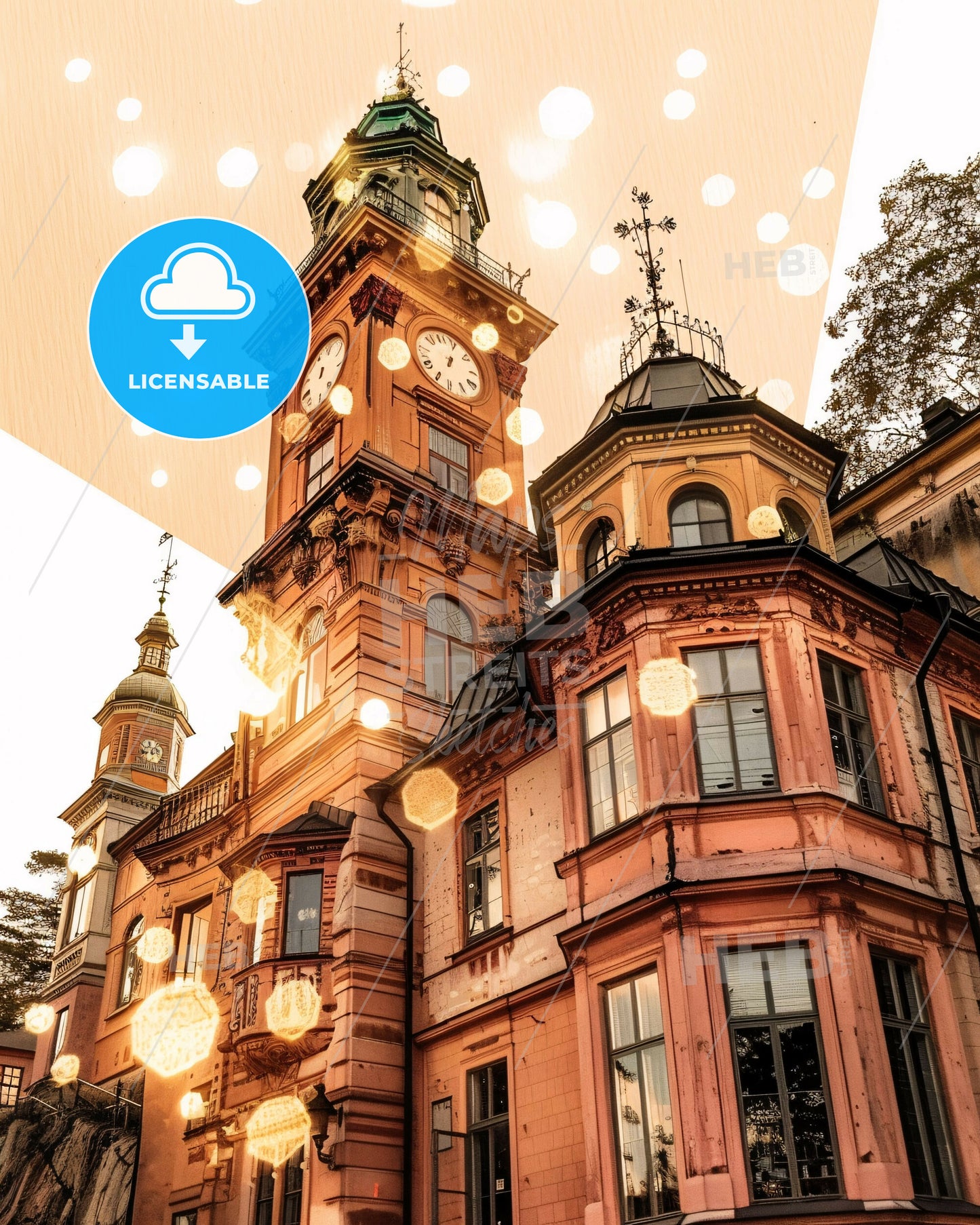 Tumba Skyline Architecture Poster Beige Composite Art - A building with a clock tower