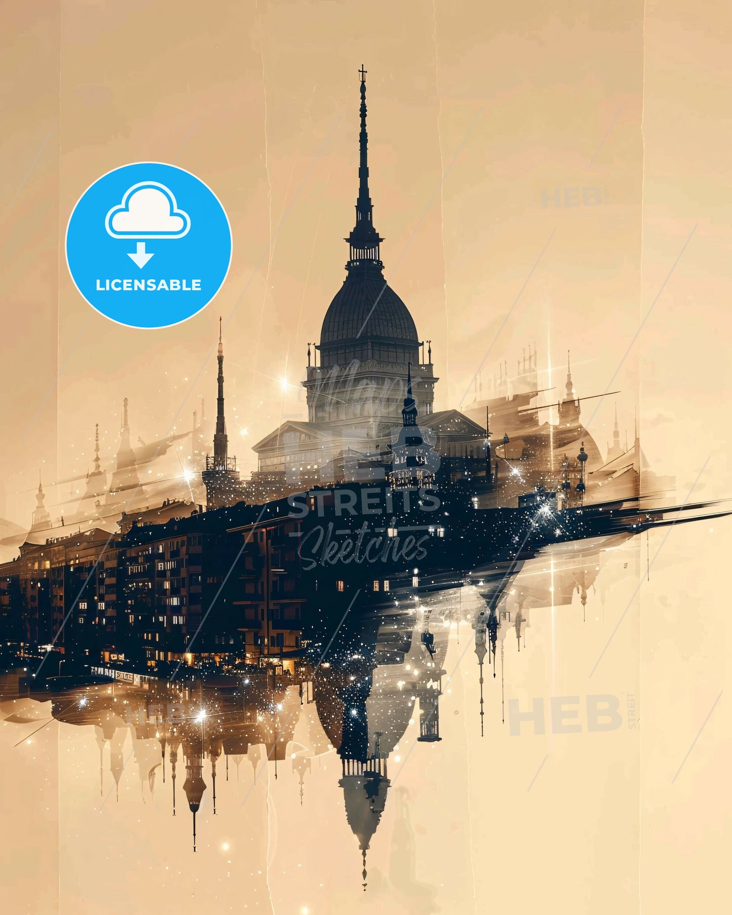 Turin Italy Cityscape Silhouette Art Poster - A city skyline with a tower and buildings