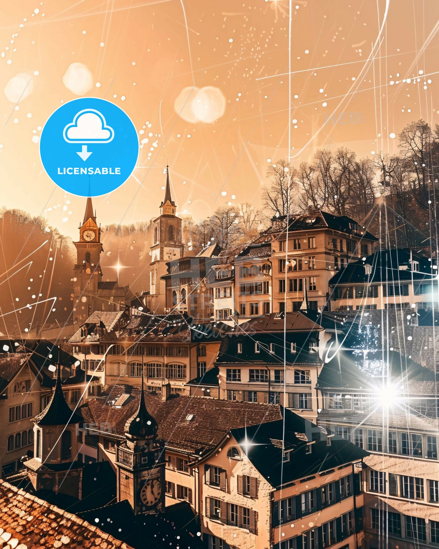 Uster Double Exposure Cityscape Poster Art - A city with many buildings and a clock tower