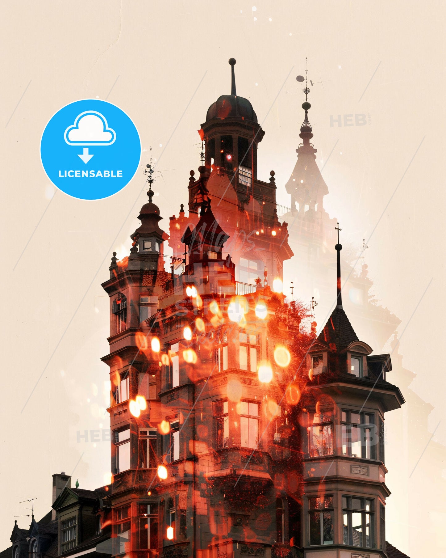 Uster City Skyline Art Poster in Beige - A building with a tower and a fire