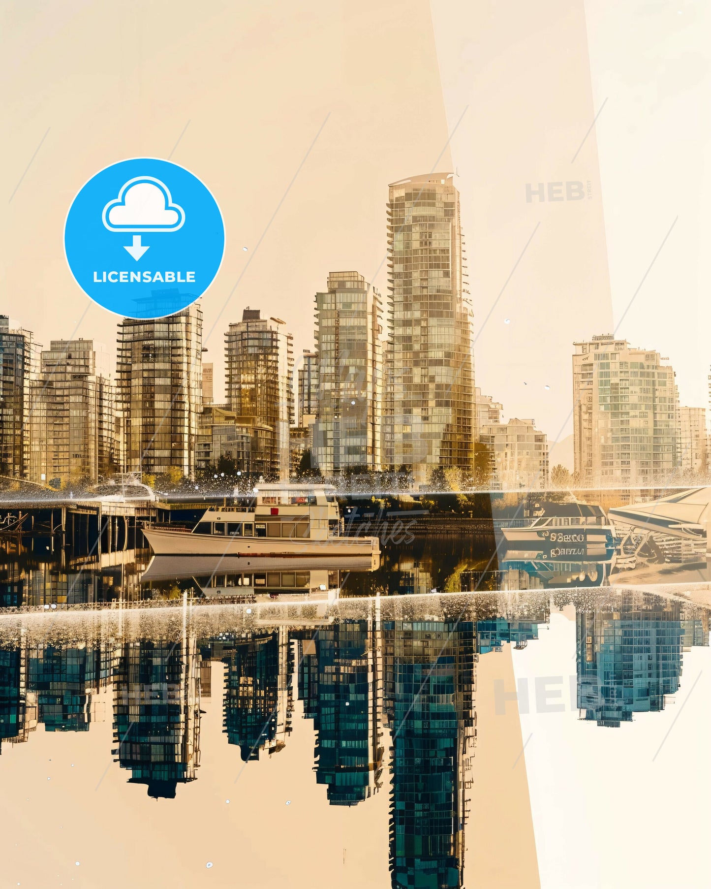 Vancouver Skyline Double Exposure Art - A city skyline with boats and buildings reflected in water