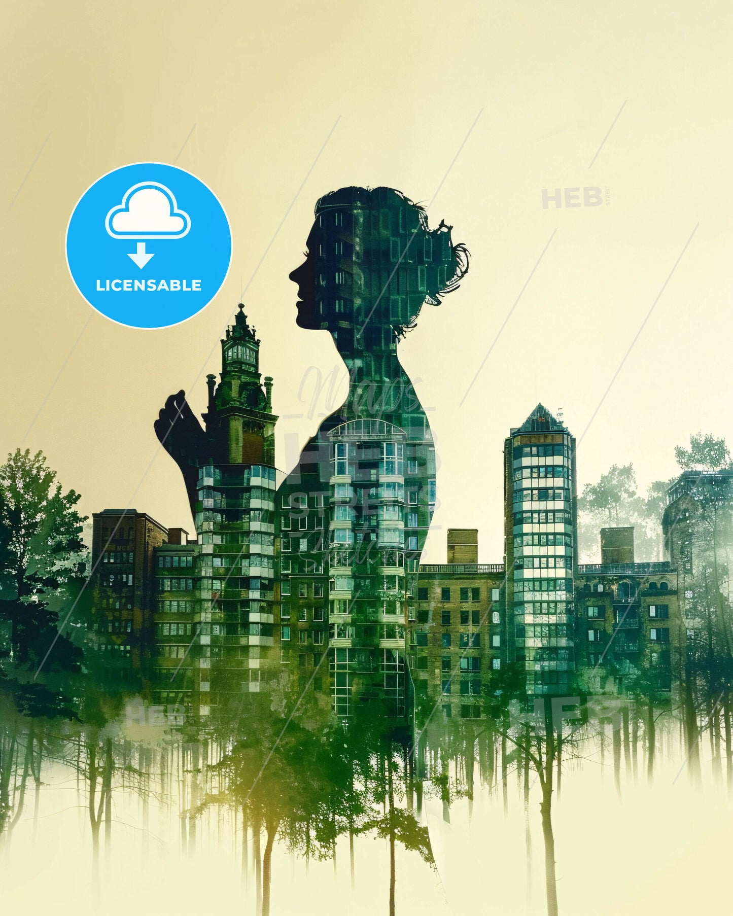 Vantaa Architectural Skyline Poster, Beige Background, Blue Green - A woman's silhouette in front of a city
