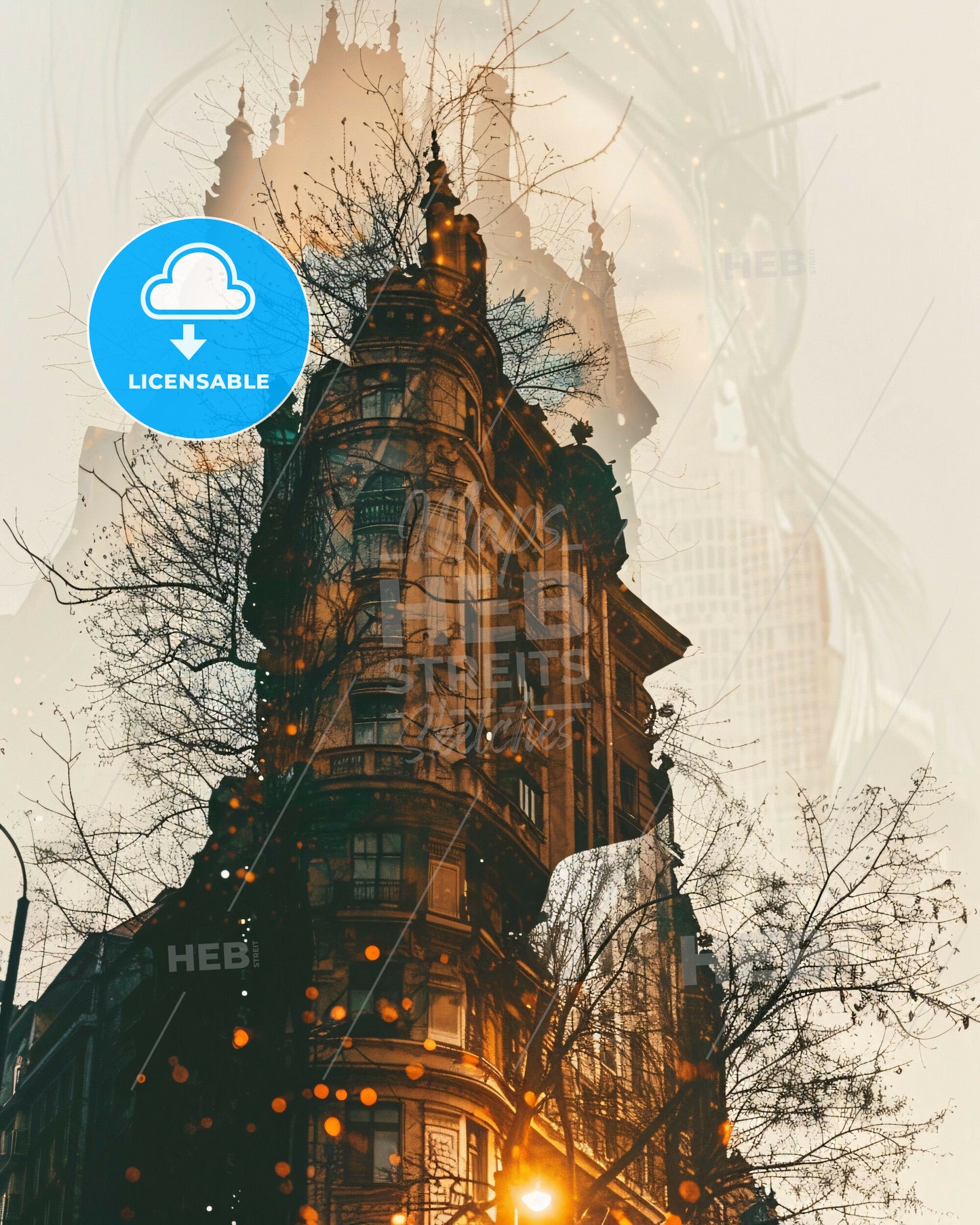 Varna Skyline Silhouette Double Exposure Poster Design - A building with a tree in front of it