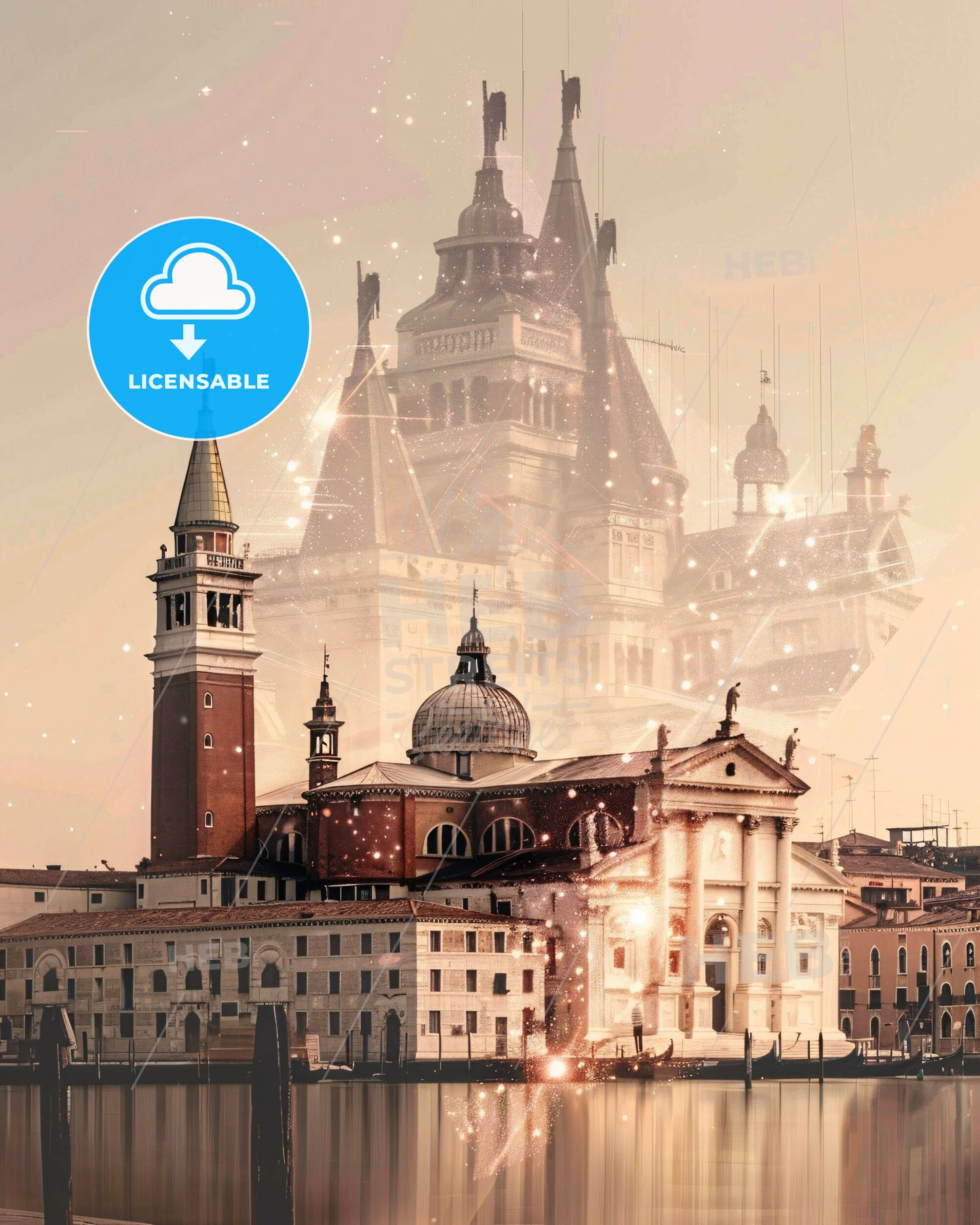 Venice City Skyline Double Exposure Poster - A castle with many towers and a river