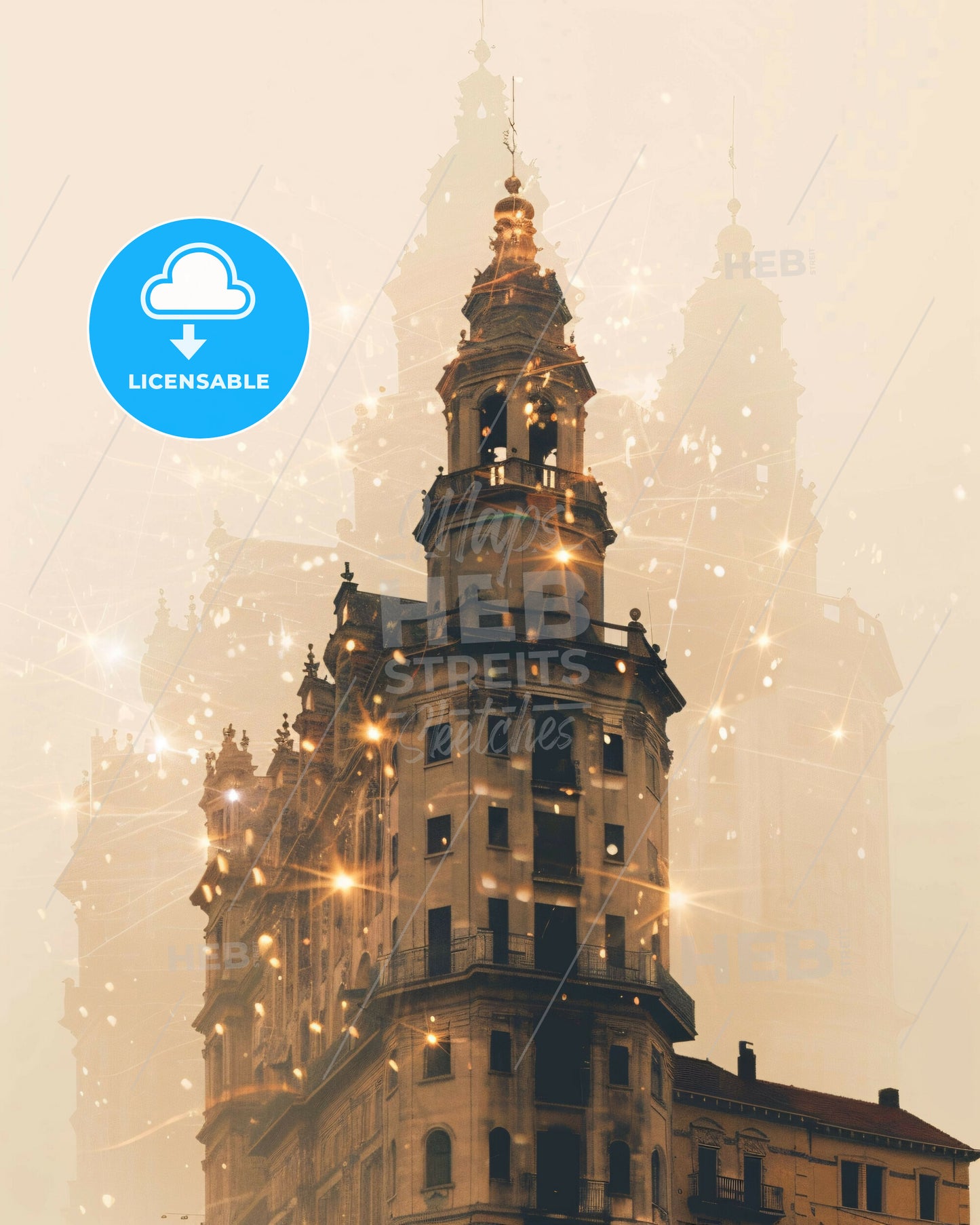 Venlo City Skyline Double Exposure Poster Art - A building with a tower and many lights