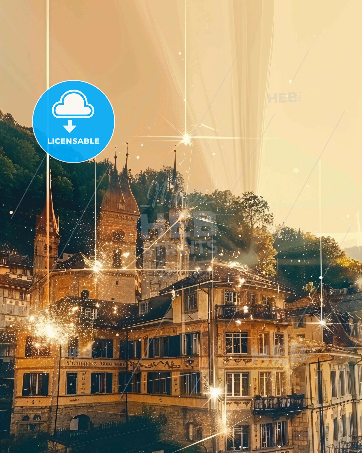 Vernier Silhouette Skyline Vernier Beige Poster - A building with many windows and a building with trees and lights