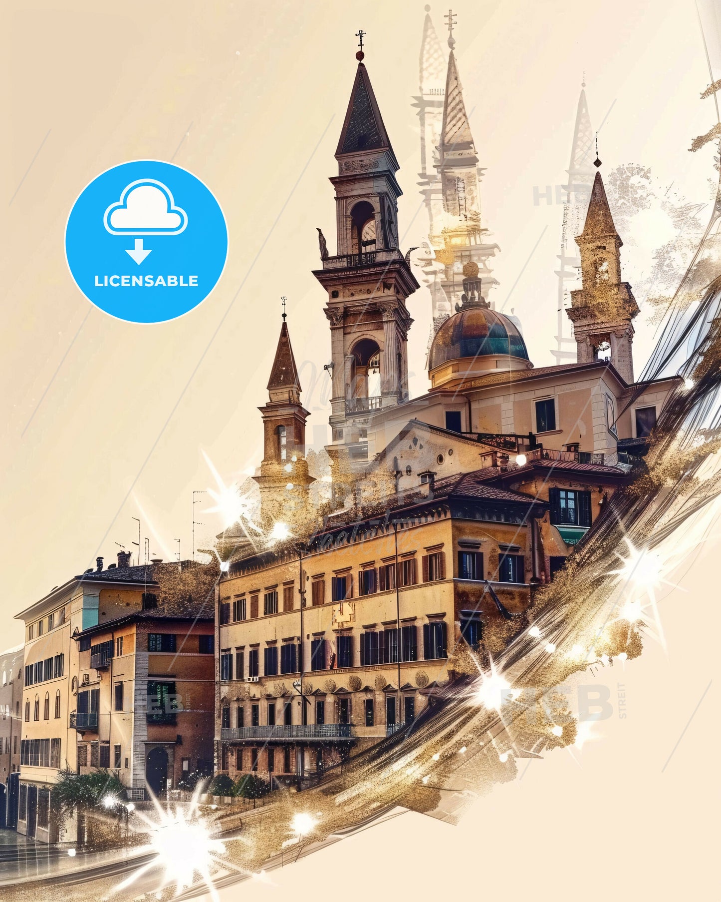 Verona City Lights Skyline Poster Art - A building with towers and a light on the side