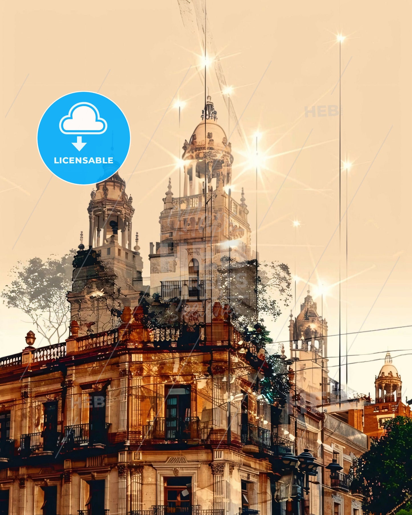 Villahermosa City Skyline Double Exposure - A building with a tower and trees