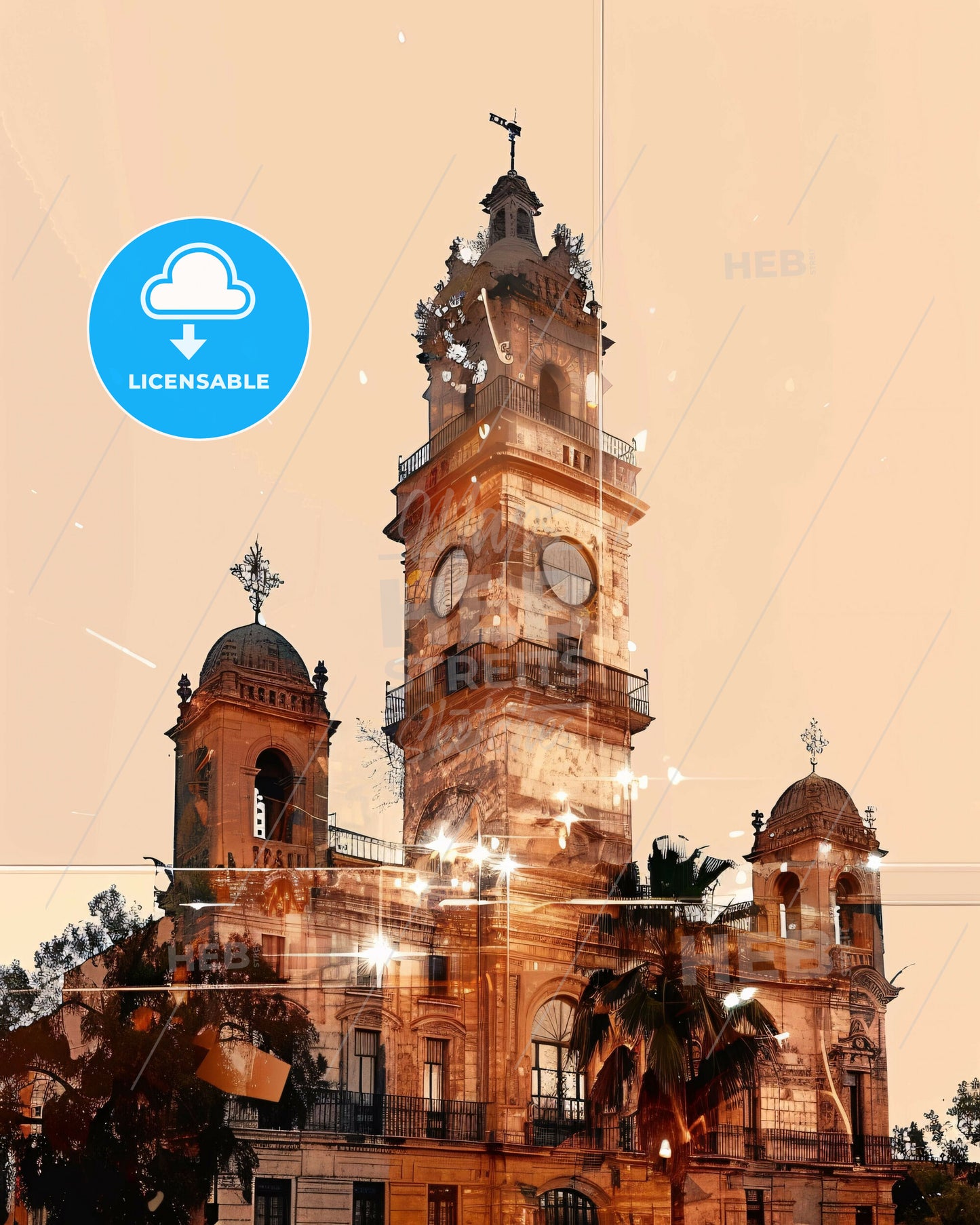 Villahermosa, Mexico: City Skyline Art Poster - A large building with a clock tower