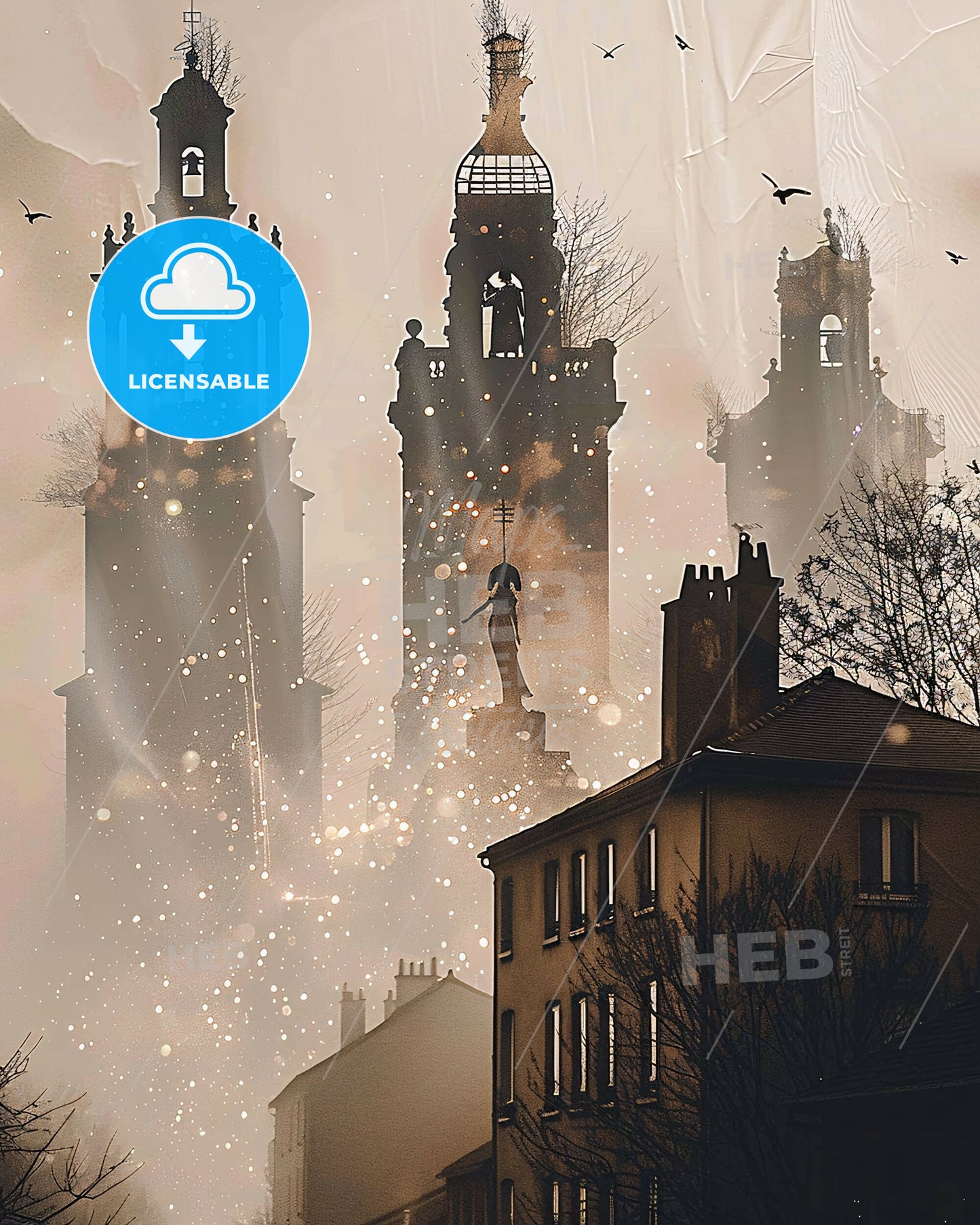 Villejuif Skyline Art: Double Exposure Cityscape - A building with a statue and a statue in the middle