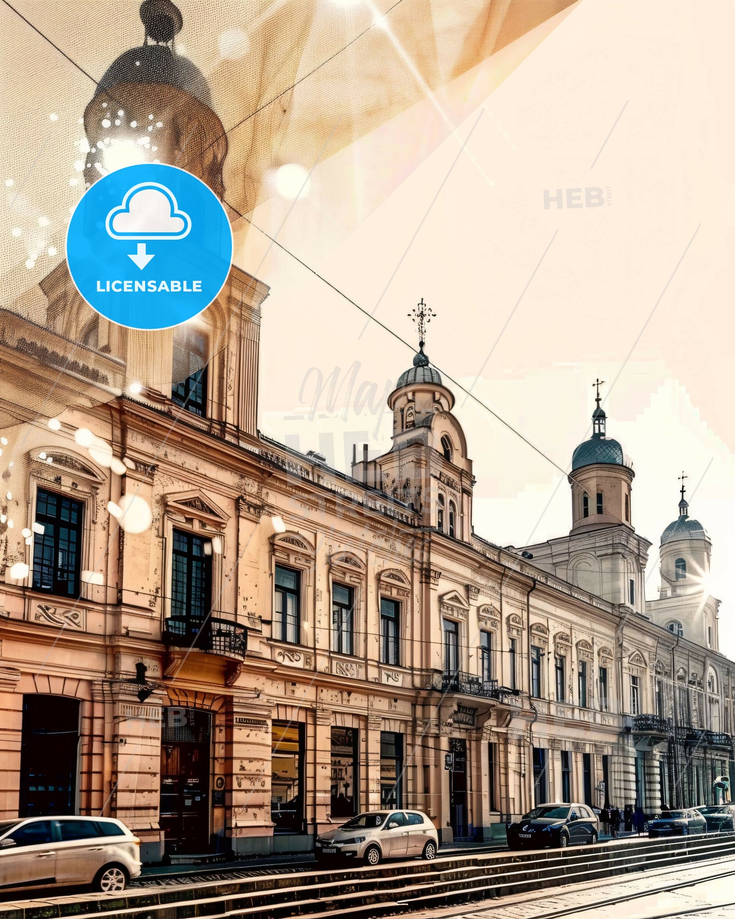 Vilnius Cityscape Composite Art: Historical Meets Modern - A building with cars parked on the side