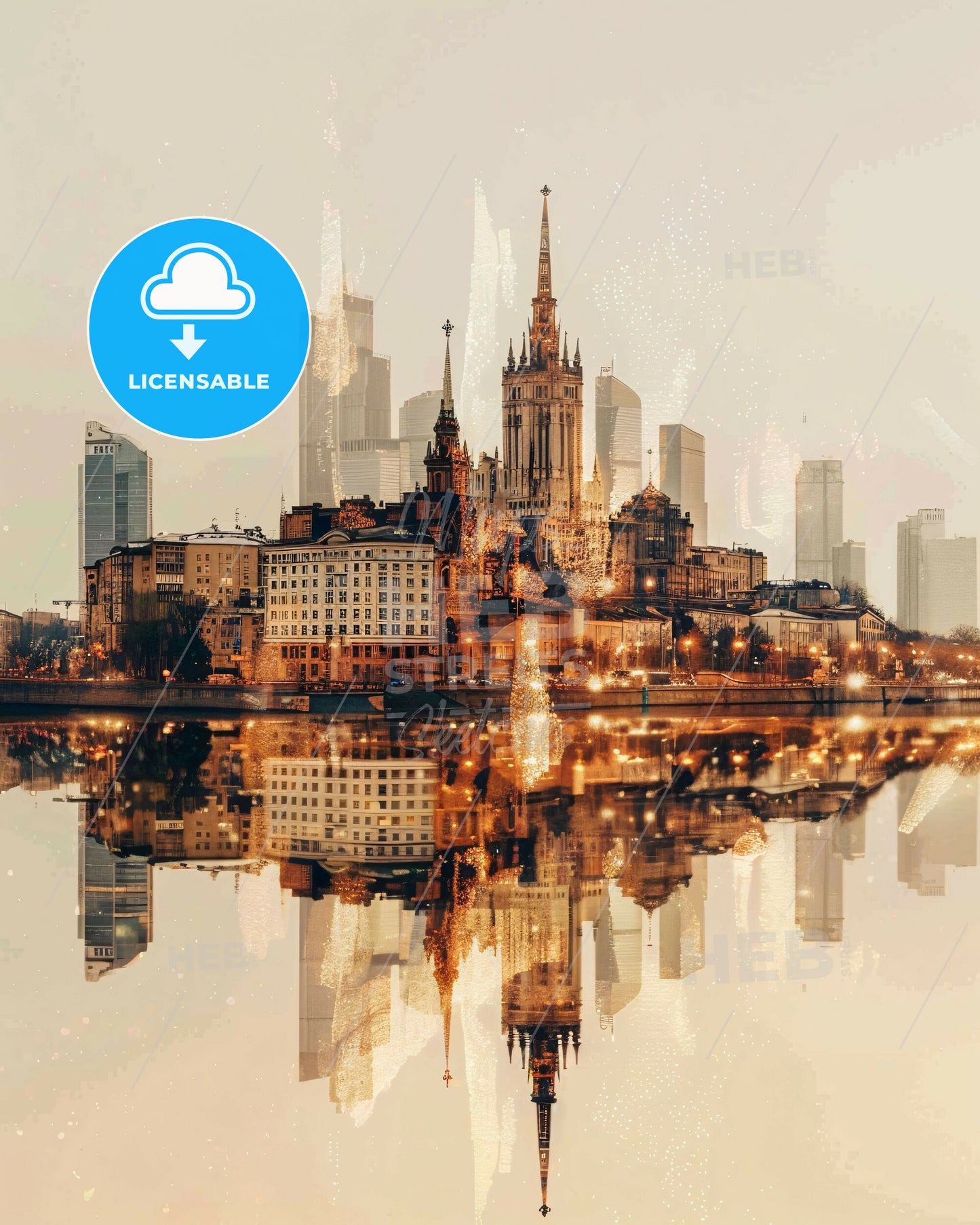 Volgograd: City Skyline Art Bright Beige Background - A city with many buildings and a body of water