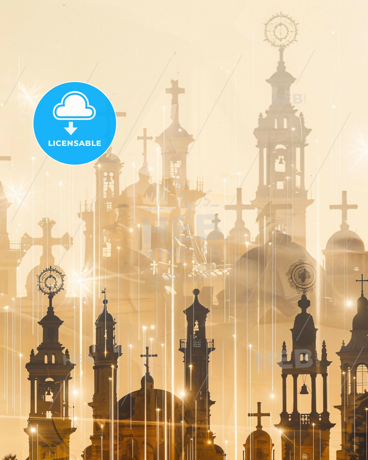 Volos Double Exposure Skyline Cityscape Poster - A silhouette of a building with crosses and lights