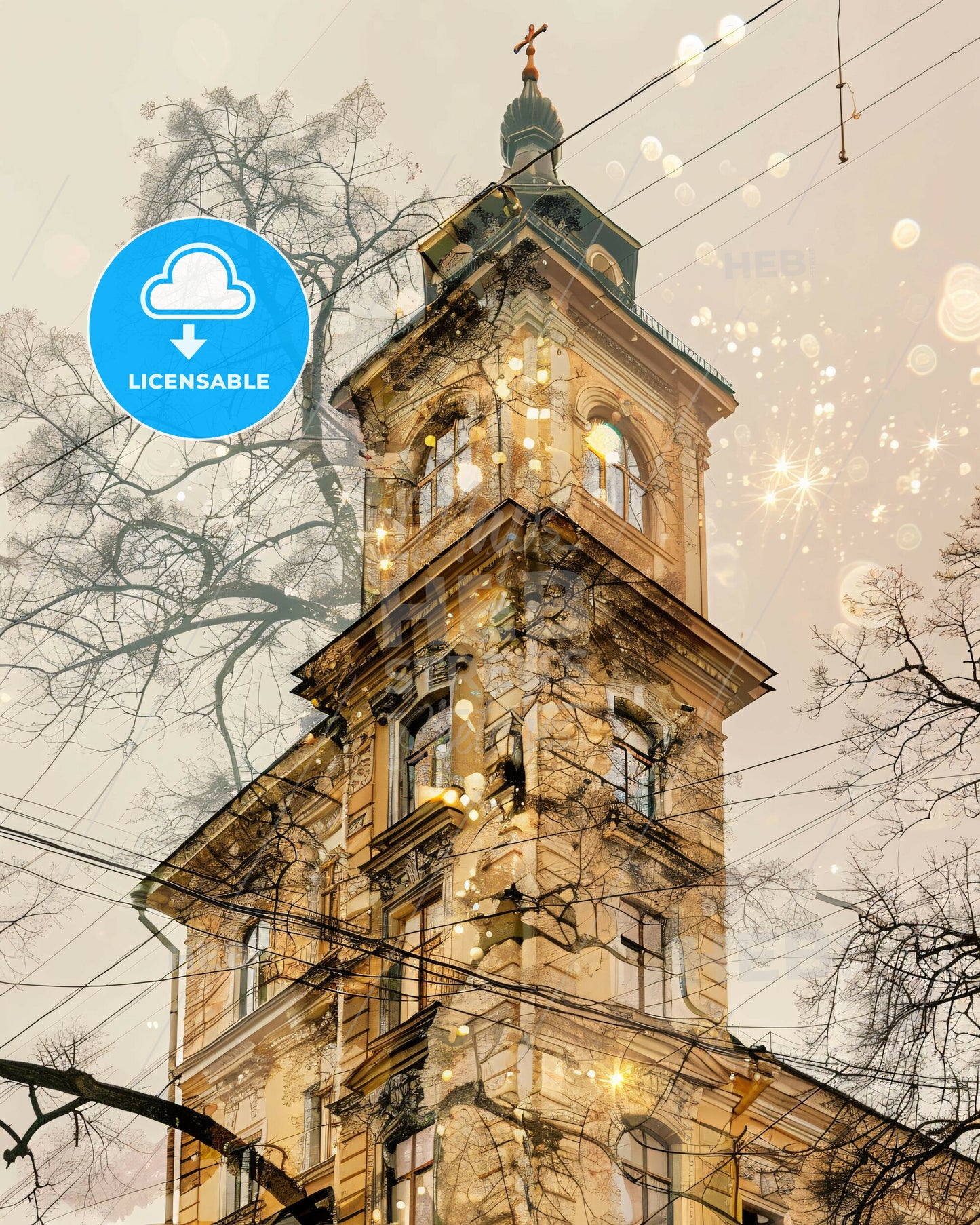 Voronezh: Architecture and City Skyline Poster Art - A building with a tower and power lines