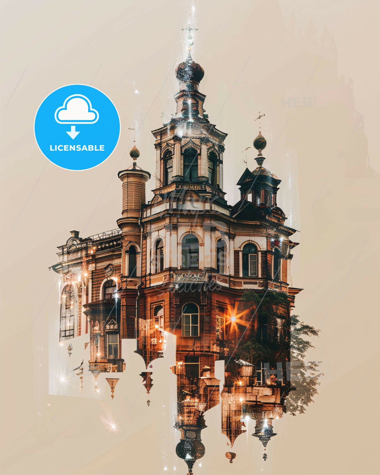 Voronezh City Skyline Double Exposure Artwork - A building with a tower and a tree