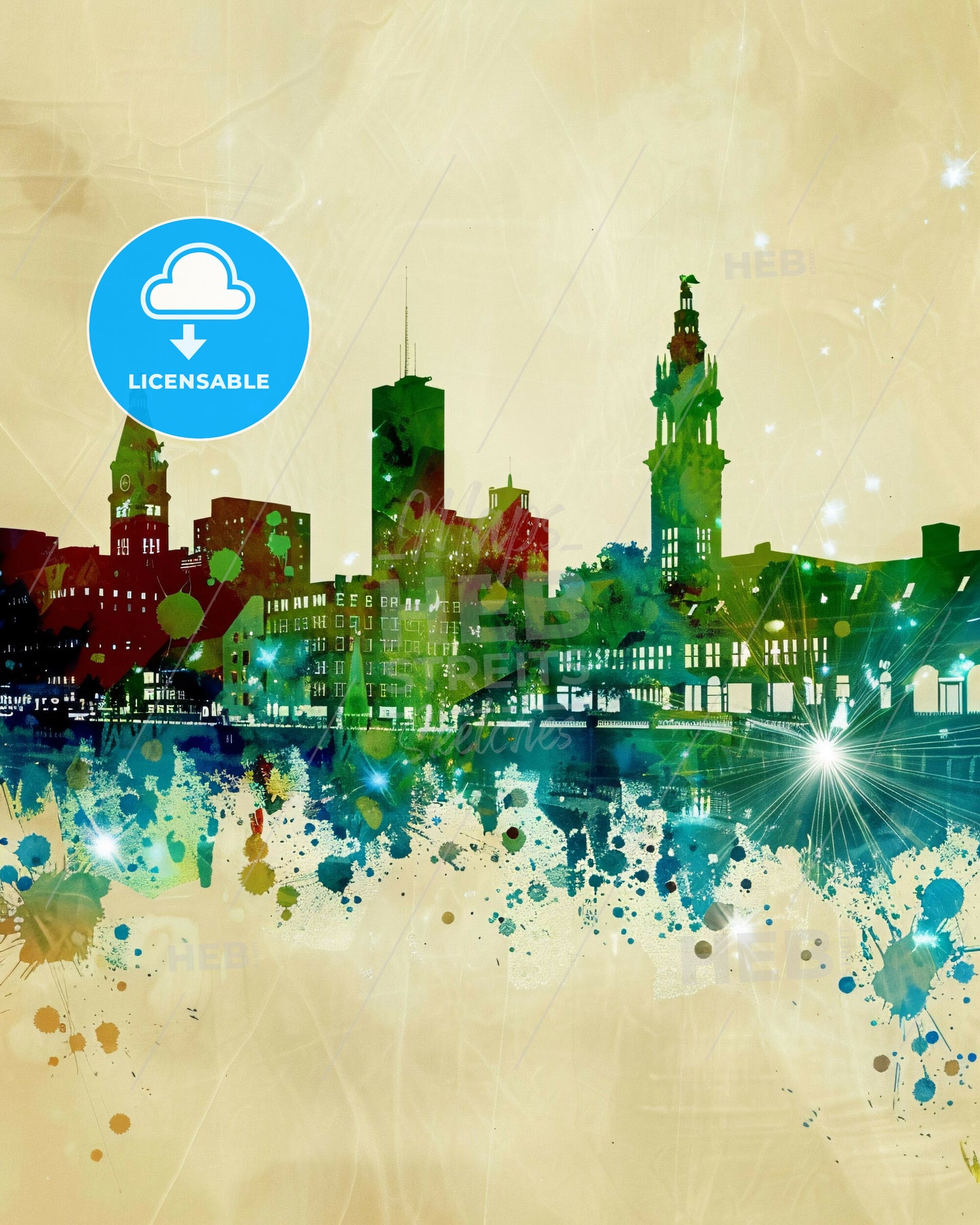 Waterbury Connecticut Skyline Poster Delights - A colorful city skyline with many buildings and a reflection of lights