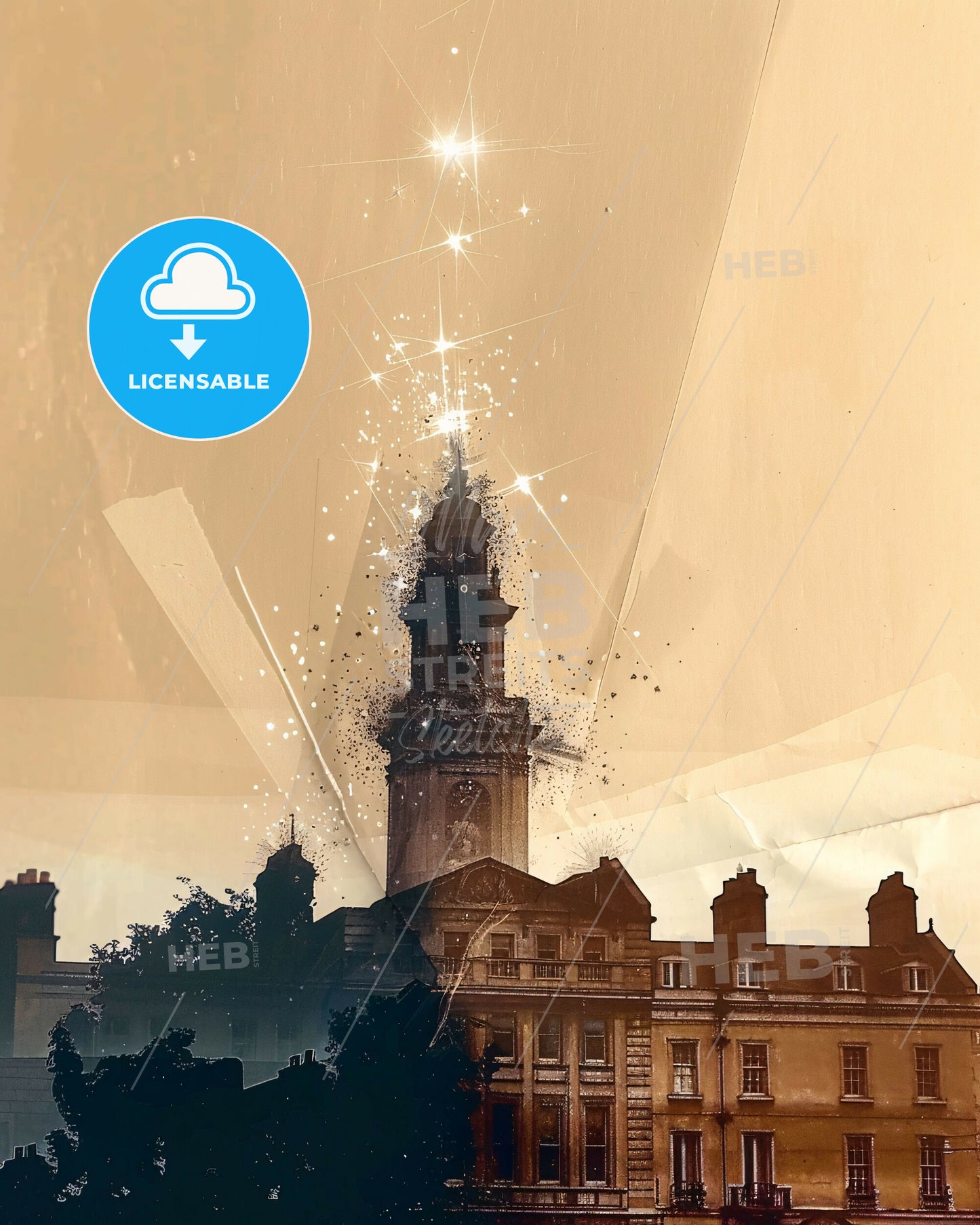 Waterford Ireland Skyline Composite Art Cityscape - A building with a tower and stars