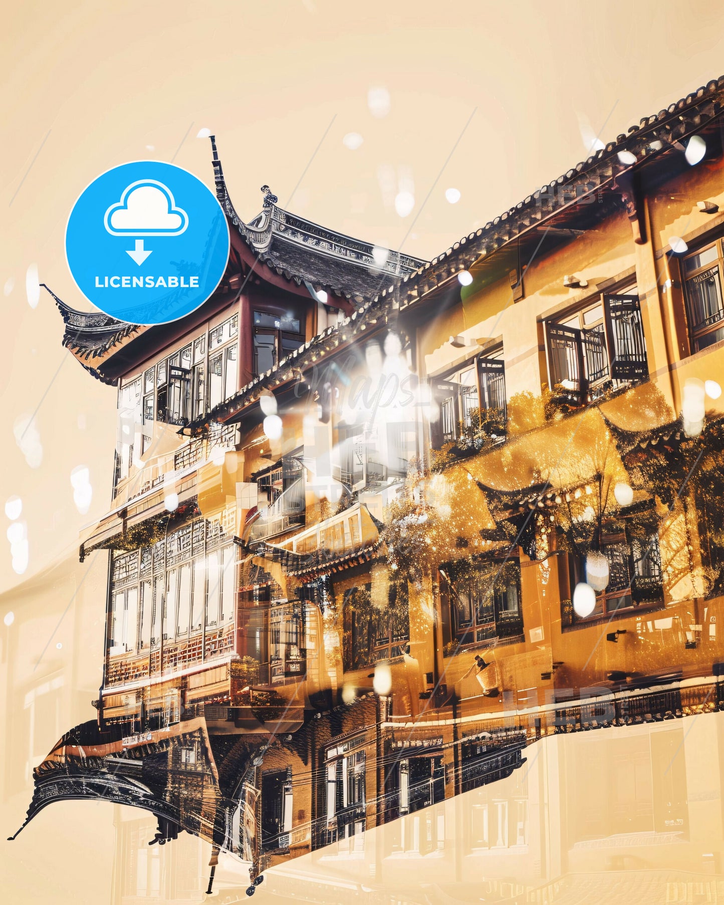 Wenling: Day and Night Cityscape Art - A building with a roof and windows