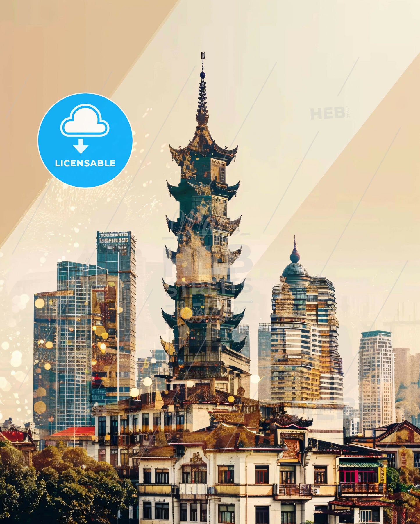 Wenzhou Skyline Double Exposure Art Poster - A tall building with a tower and a city skyline