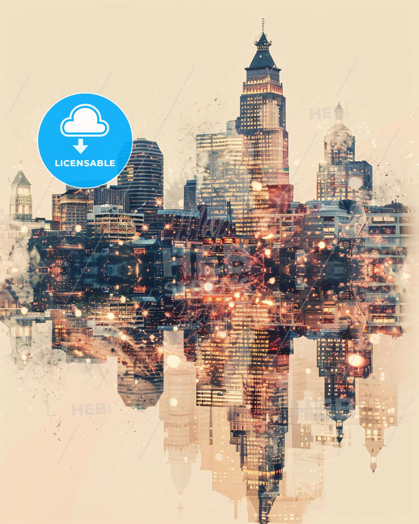 Wichita Skyline Panorama Art Deco Poster - A city skyline with lights