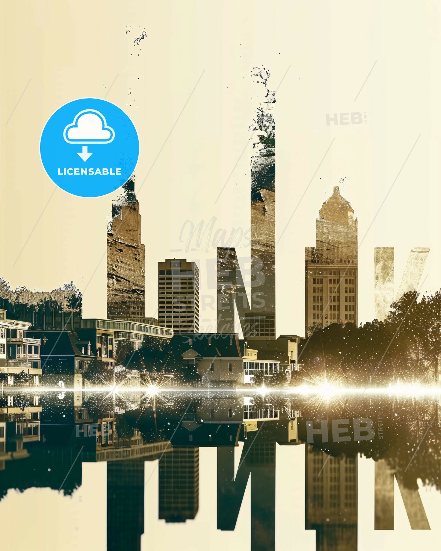 Wilmington City Skyline Double Exposure Art - A city skyline with buildings and trees