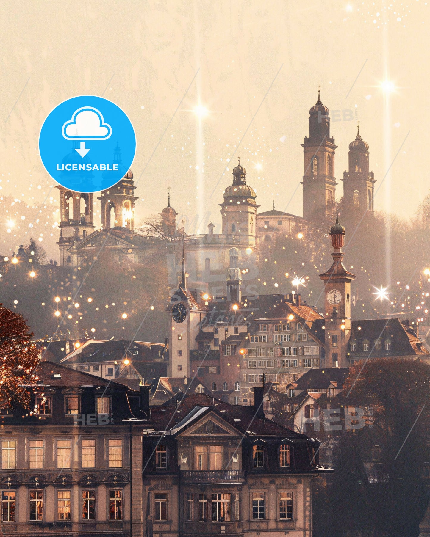 Winterthur Skyline Composite Art with Local Colors - A city with many towers and a clock tower