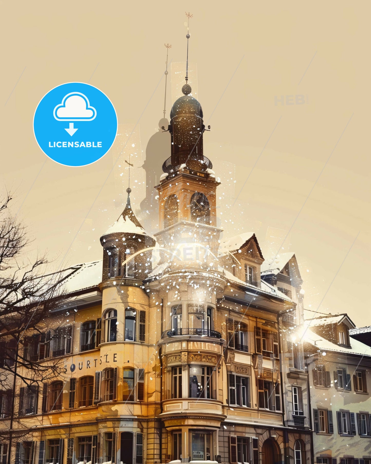 Winterthur: City Skyline Double Exposure Art - A building with a tower and snow