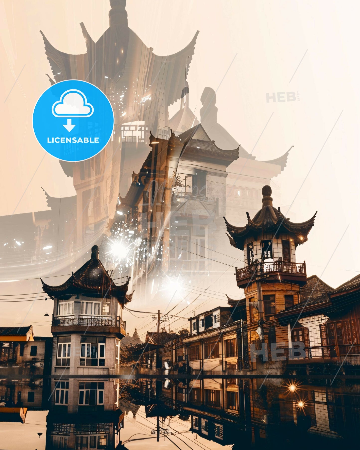 Wuwei Cityscape Silhouette Night Lights - A double exposure of buildings and a reflection of a building