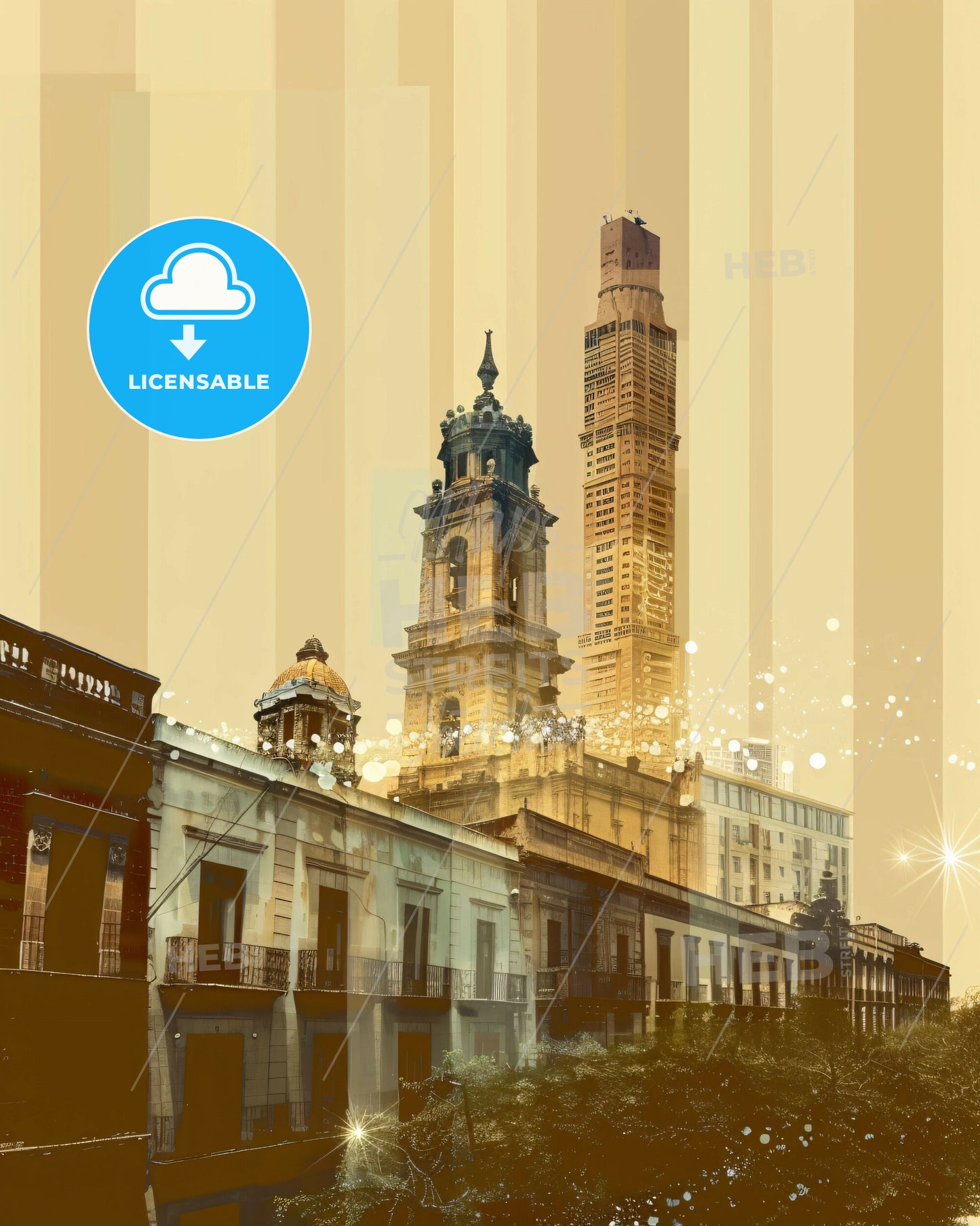 Xalapa: Panoramic Double Exposure Skyline Art - A tall building with a tower