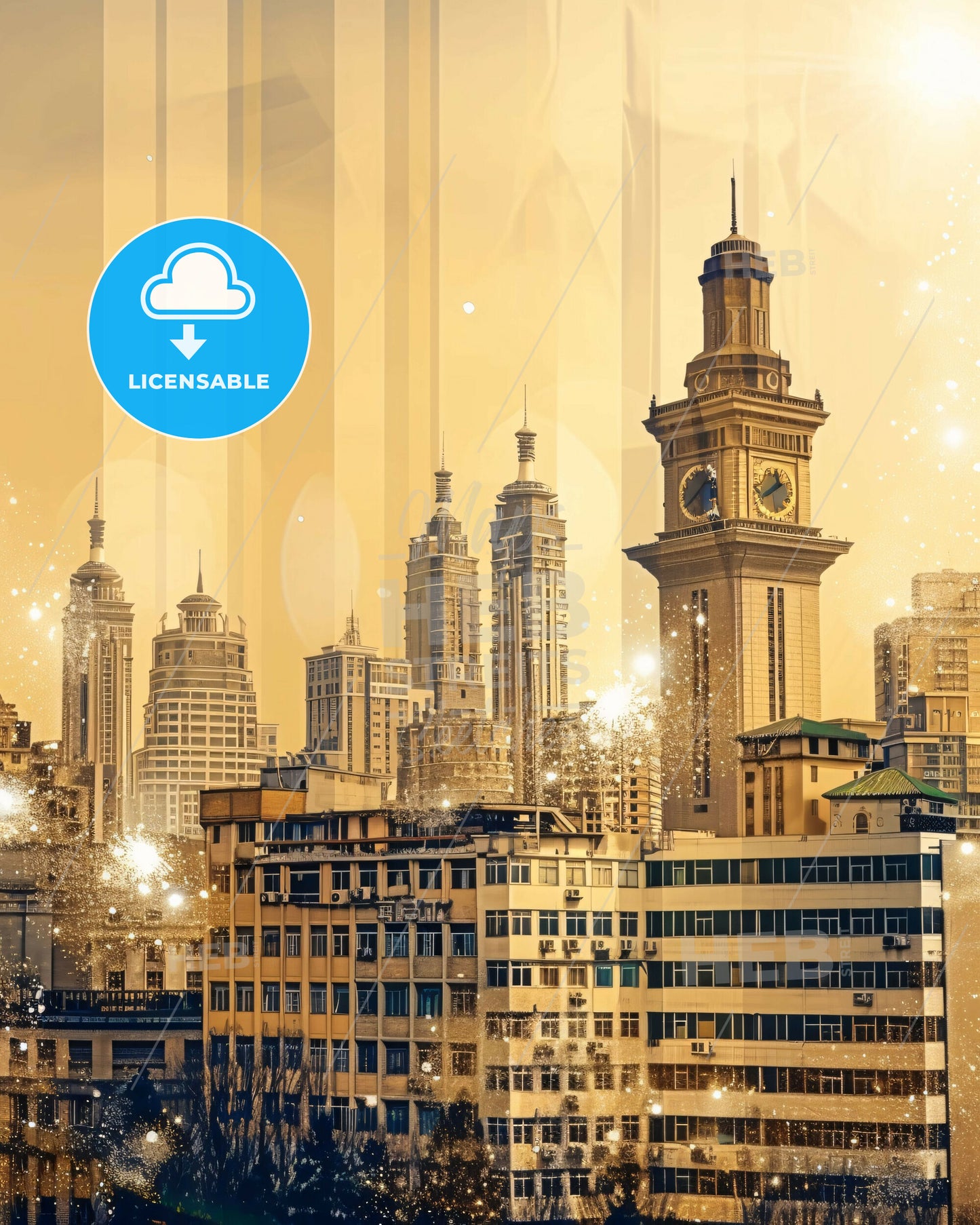 Xining Skyline Composite Art, Bright Sparks - A city with a clock tower