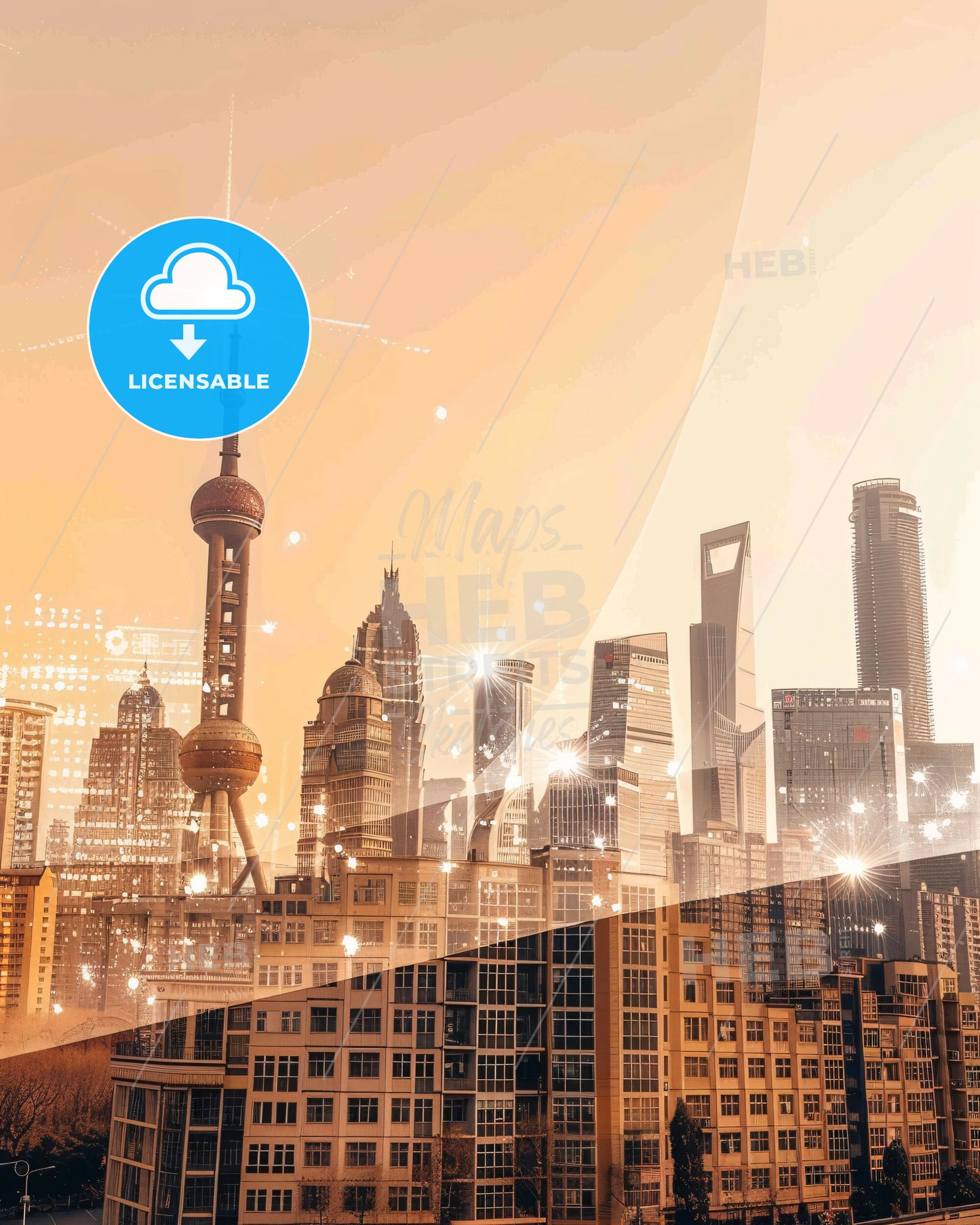 Yantai, China: City Skyline Double Exposure Art - A city skyline with many tall buildings