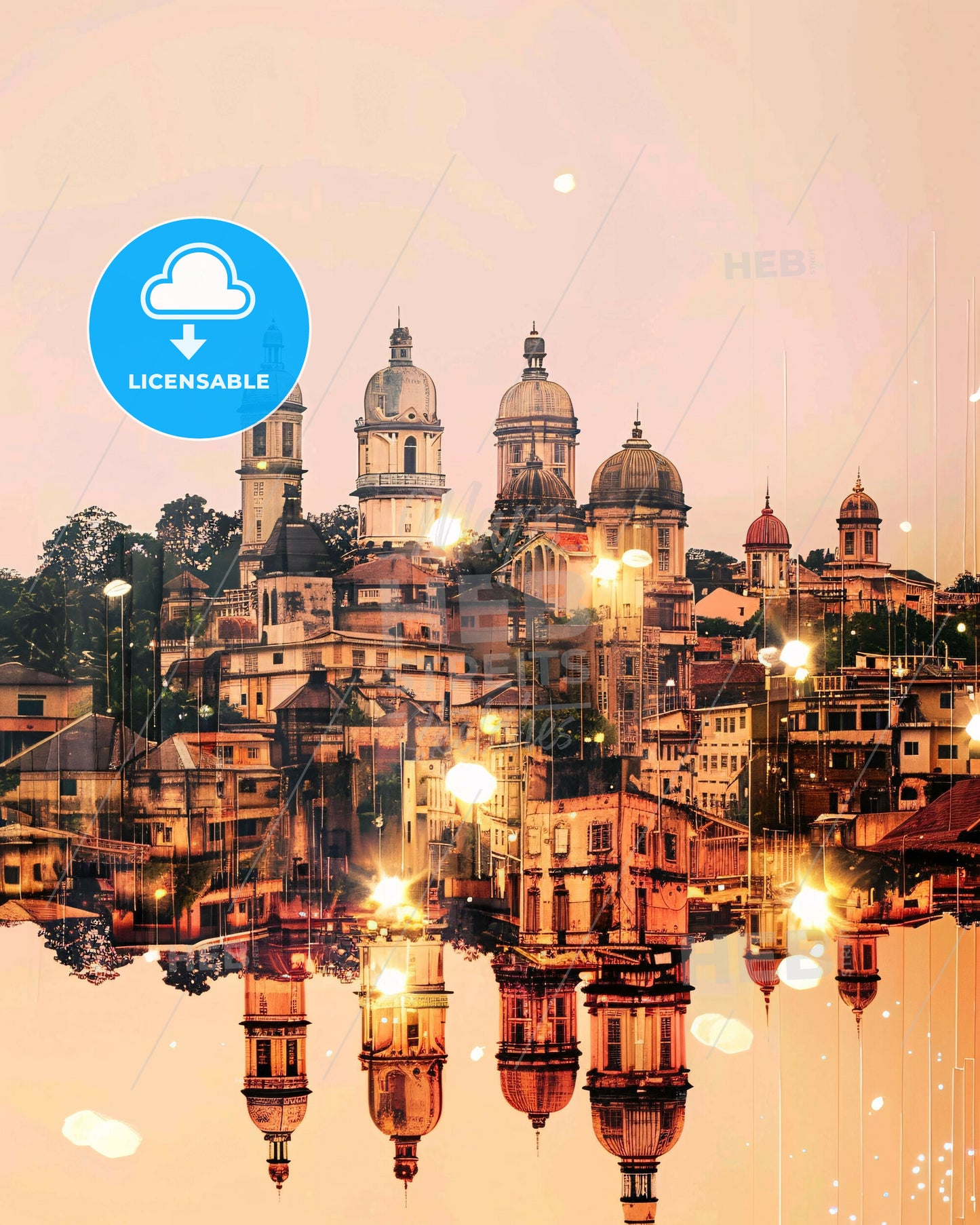 Yaounde Cityscape Horizon Poster Art - A city with many buildings and trees reflected in water