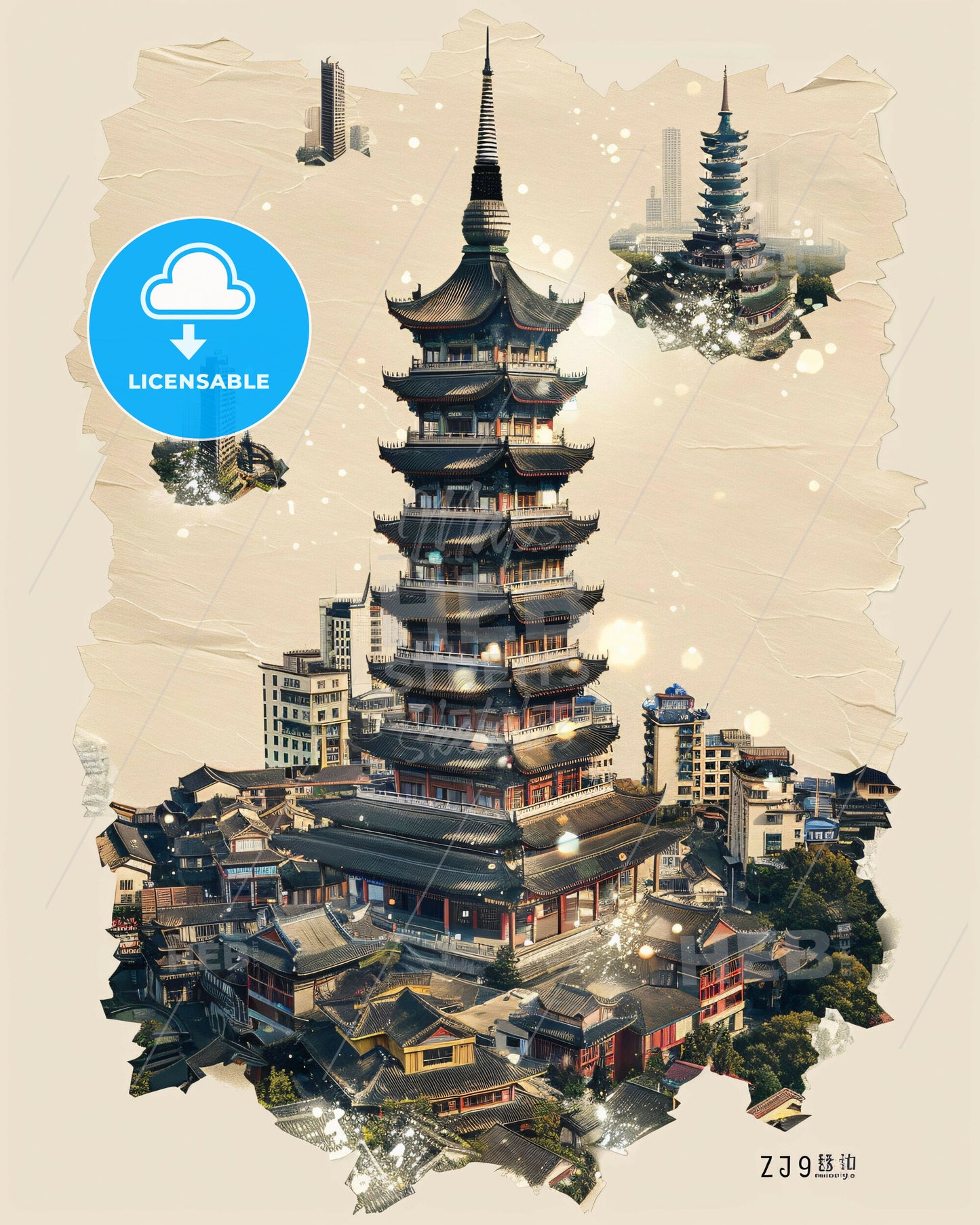 Zaoyang Tapestry Art Print: Illuminated Skyline Mosaic - A tall building with many towers