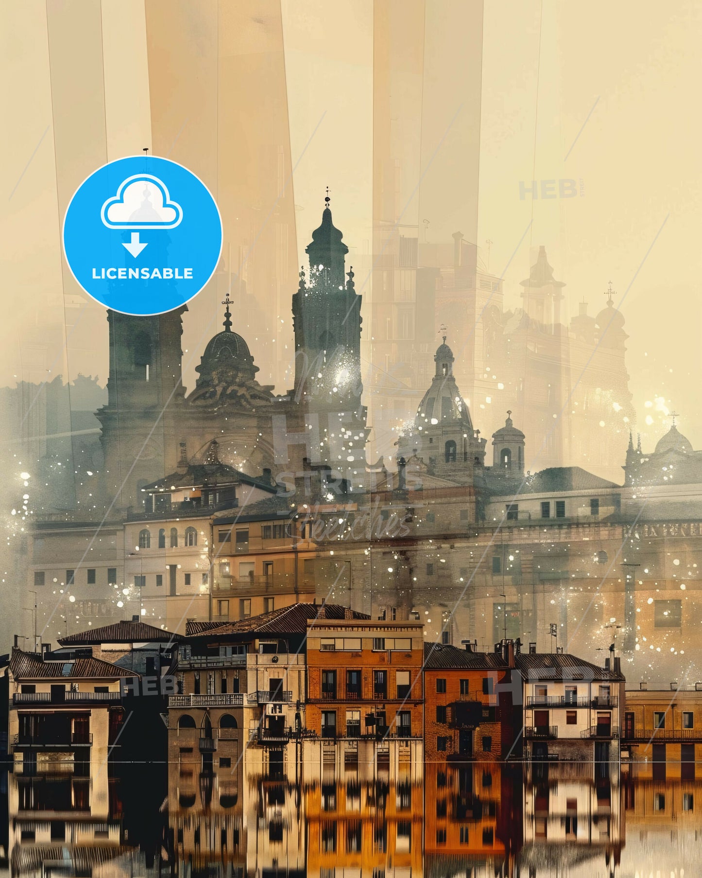 Zaragoza: Double Exposure Cityscape Skyline Poster - A city with many buildings and a body of water