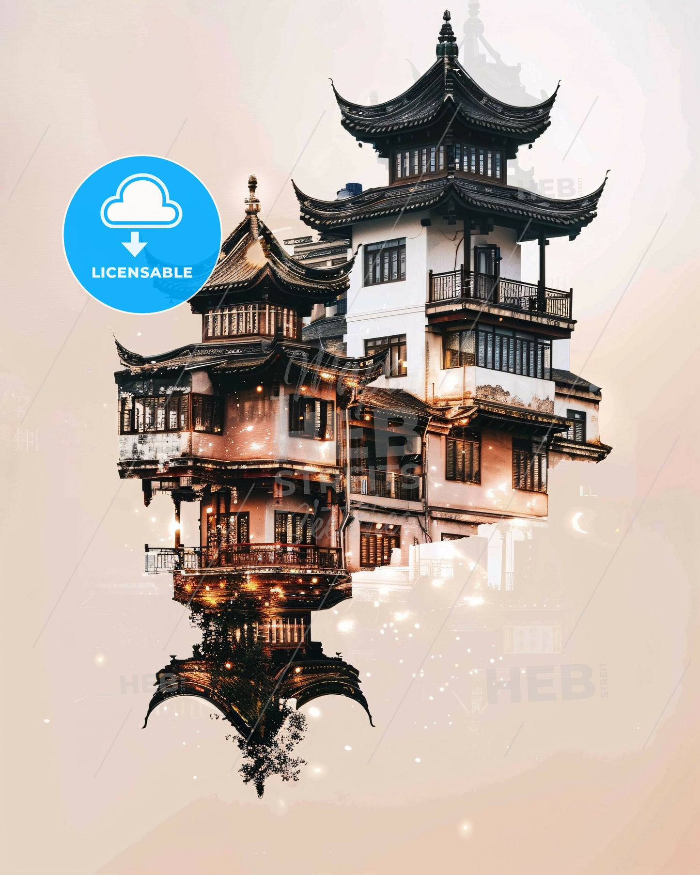 Zhangjiagang Skyline - Double Exposure Composite Art - A building with a pagoda roof