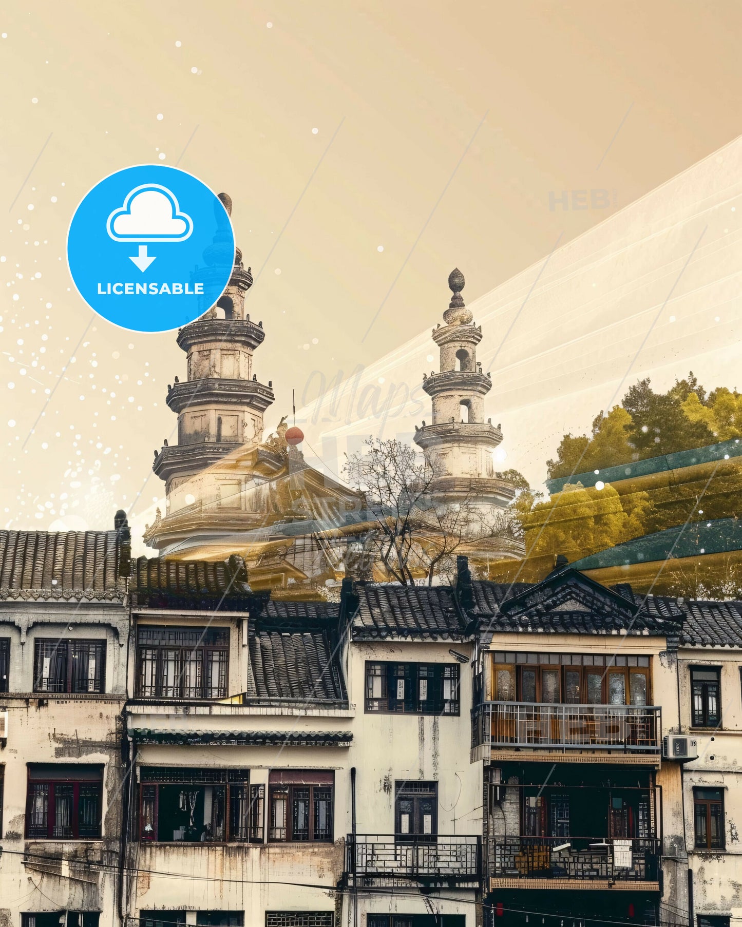 Zhucheng Skyline Art: Local Icons - A group of buildings with a tower