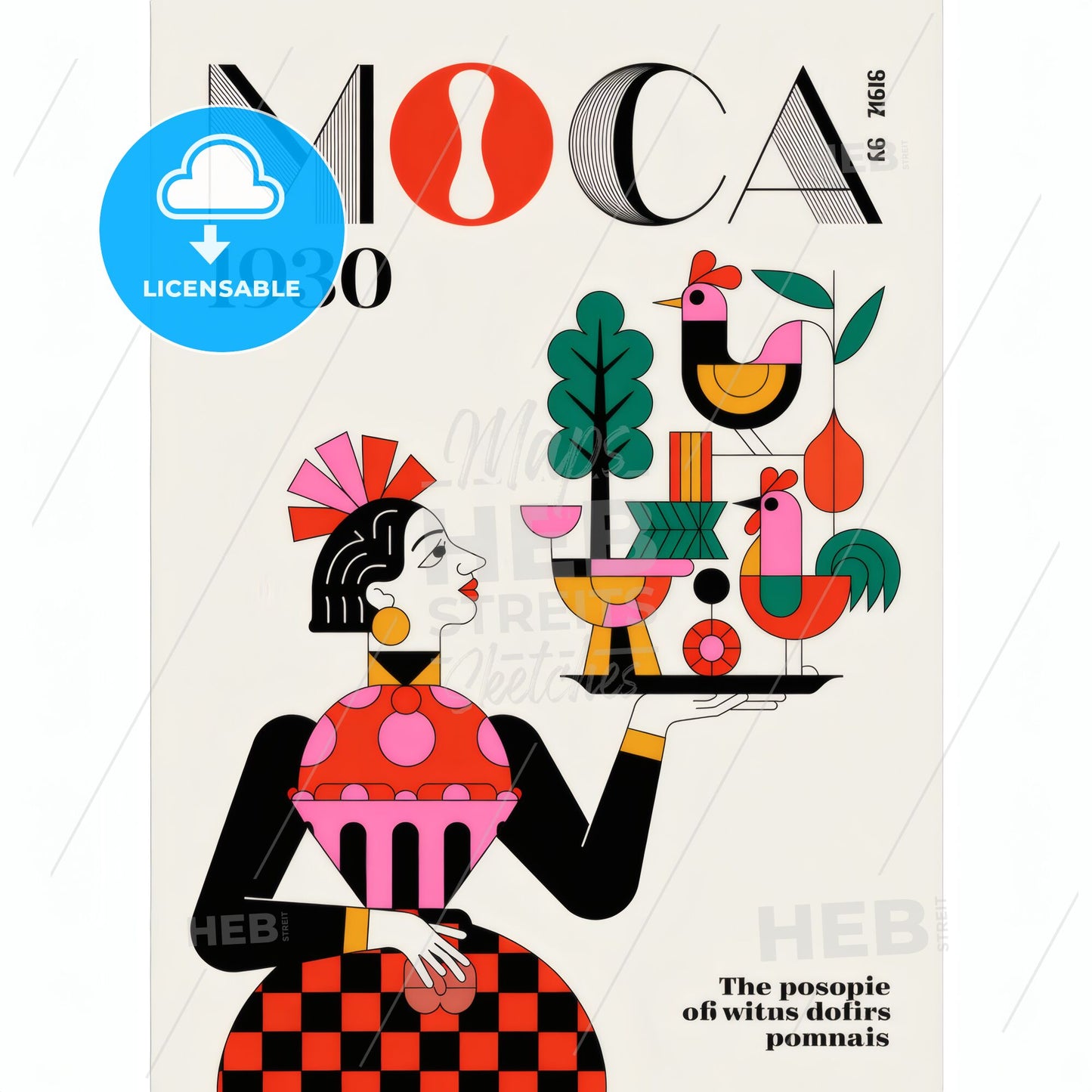 Abstract illustration featuring a woman holding a tray with trees and chickens. Print Template.