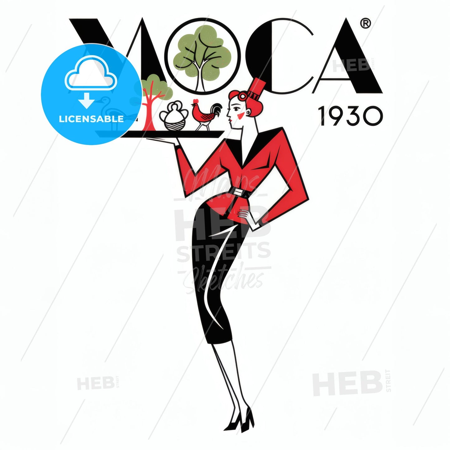 MOCA 1930 - Illustration of a fashionable woman holding a tray. Print Template.