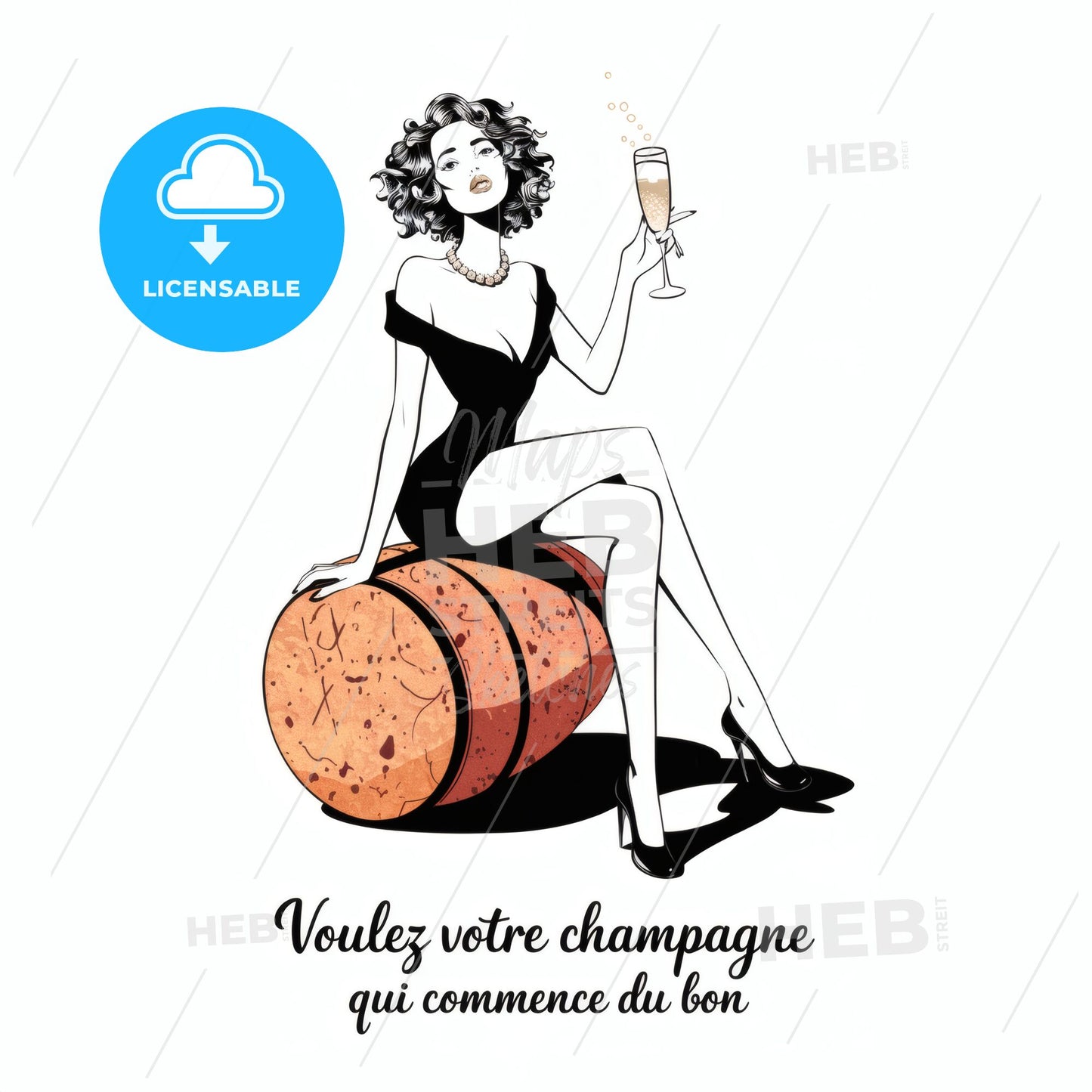 Elegant woman with champagne on a barrel Print Template.