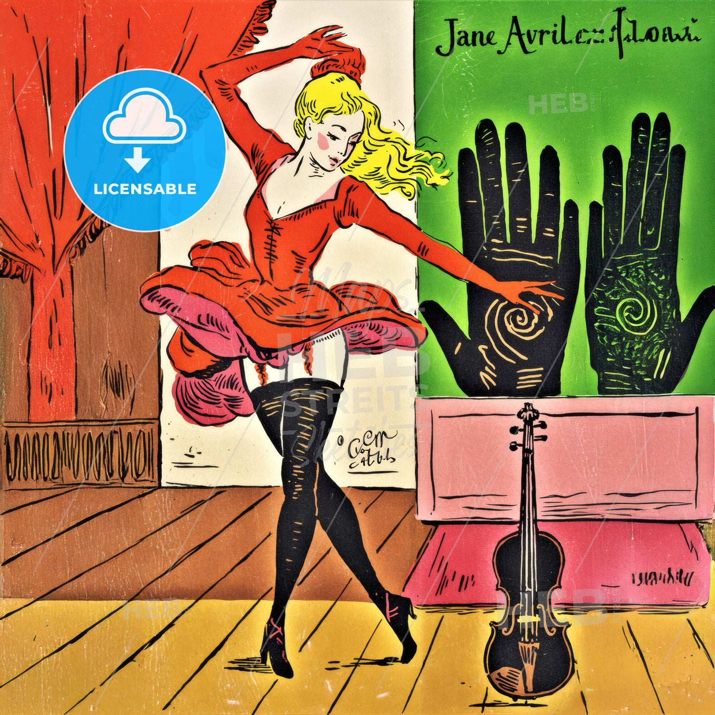 Jane Avril - Dancing Can-Can Performer Print Template.