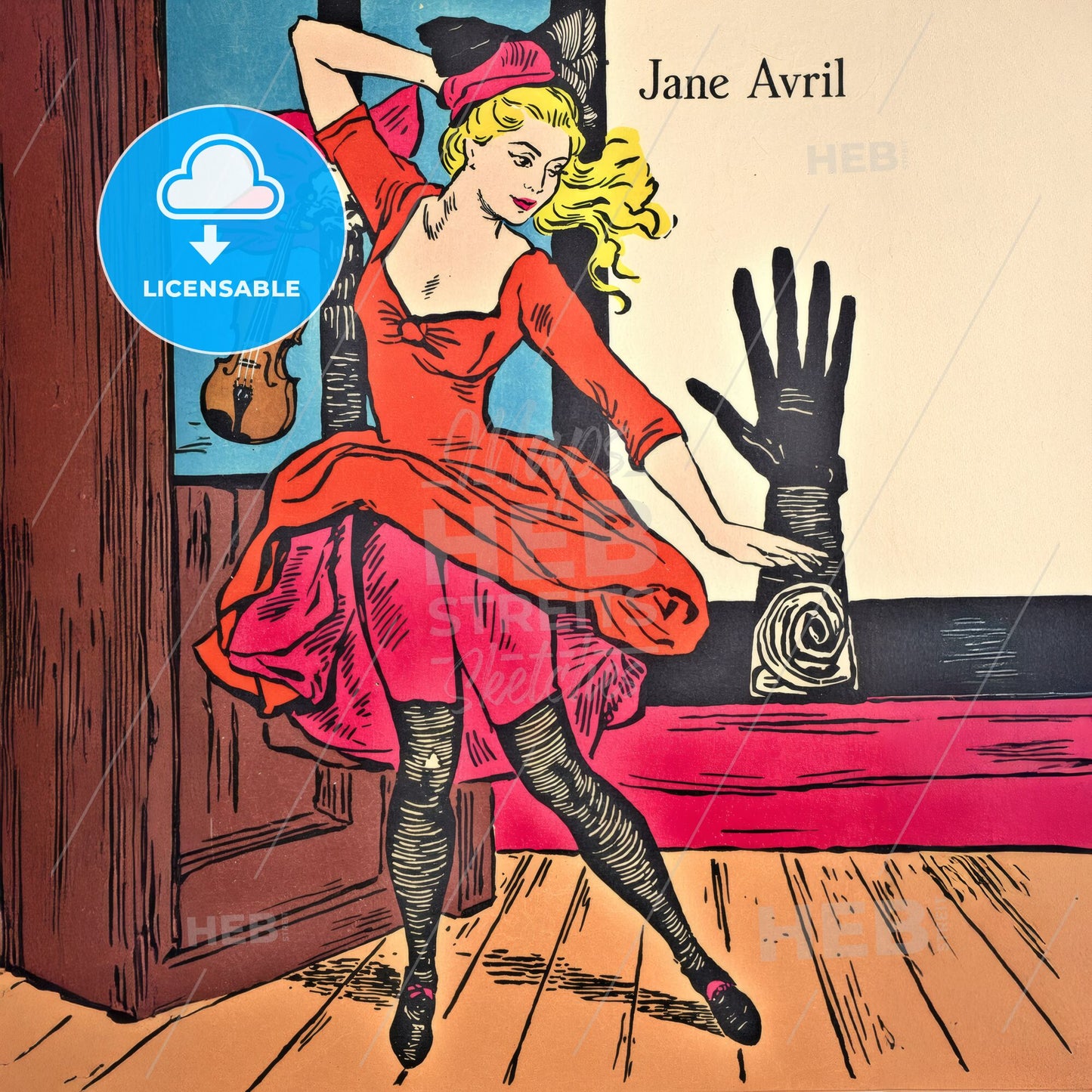 Jane Avril - Dancing Woman in Red Dress Print Template.