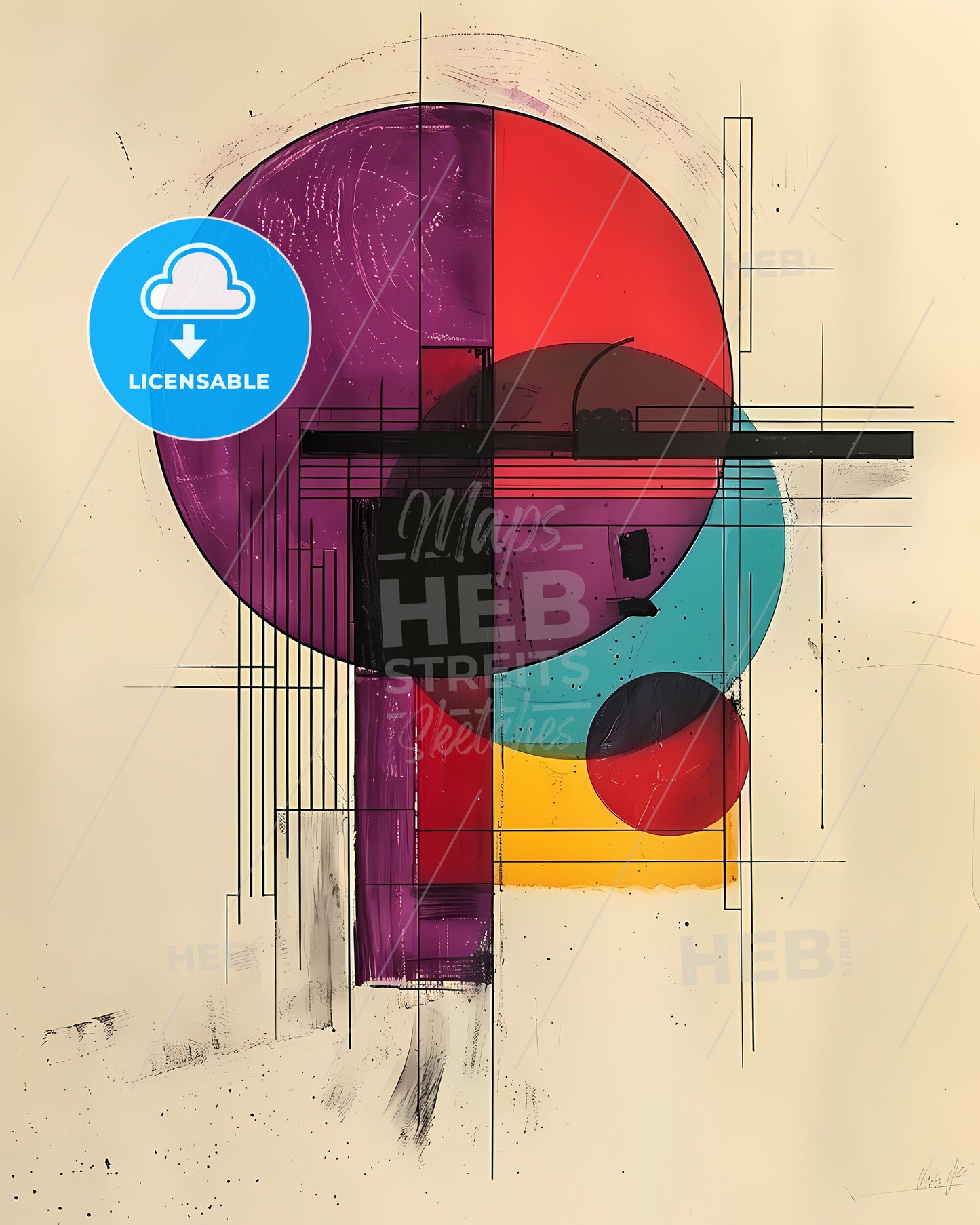 Abstract Bauhaus 1919 Artwork Featuring Vibrant Circles and Lines