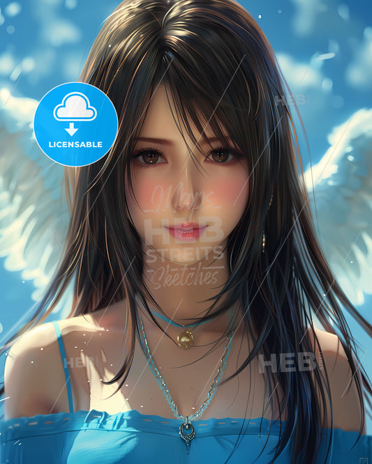 Stunning Fantasy Art: Vibrant Celestial Angel in Flight with White Wings, Light Blue Dress, Long Black Hair, Pale Skin, Blue and Cloudy Background