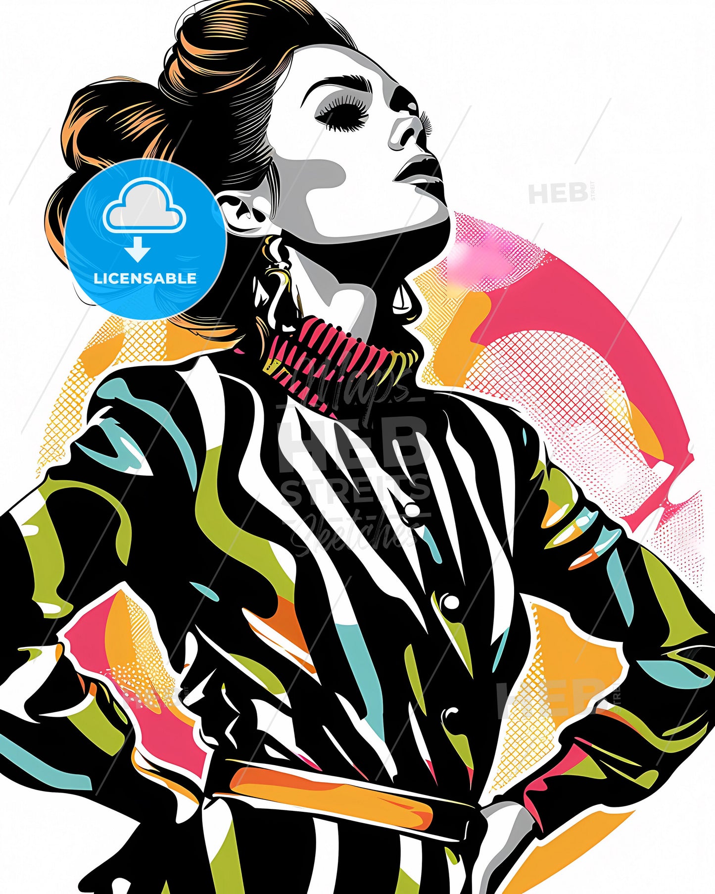 Black and white zebra print woman, emotive portraits, minimalist digital portrait, gorgeous fat woman, appropriation art, white background, art focus, hands on hips, digital illustration