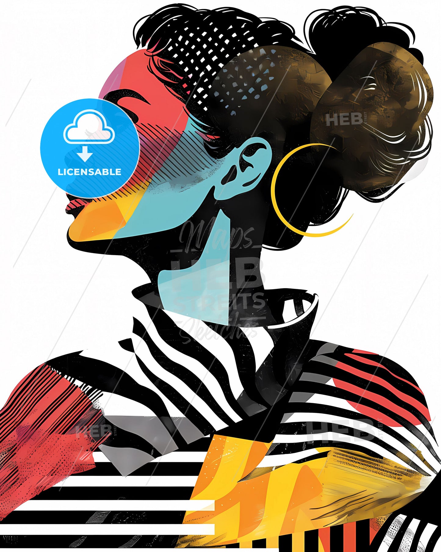 Minimalist Digital Art: Elegant Fat Woman with Psychedelic Zebra Print Hair, Emotive Appropriation Portrait