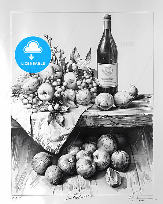 Black and White Still Life Line Drawing of Wine Bottle and Fruit with Art Focus