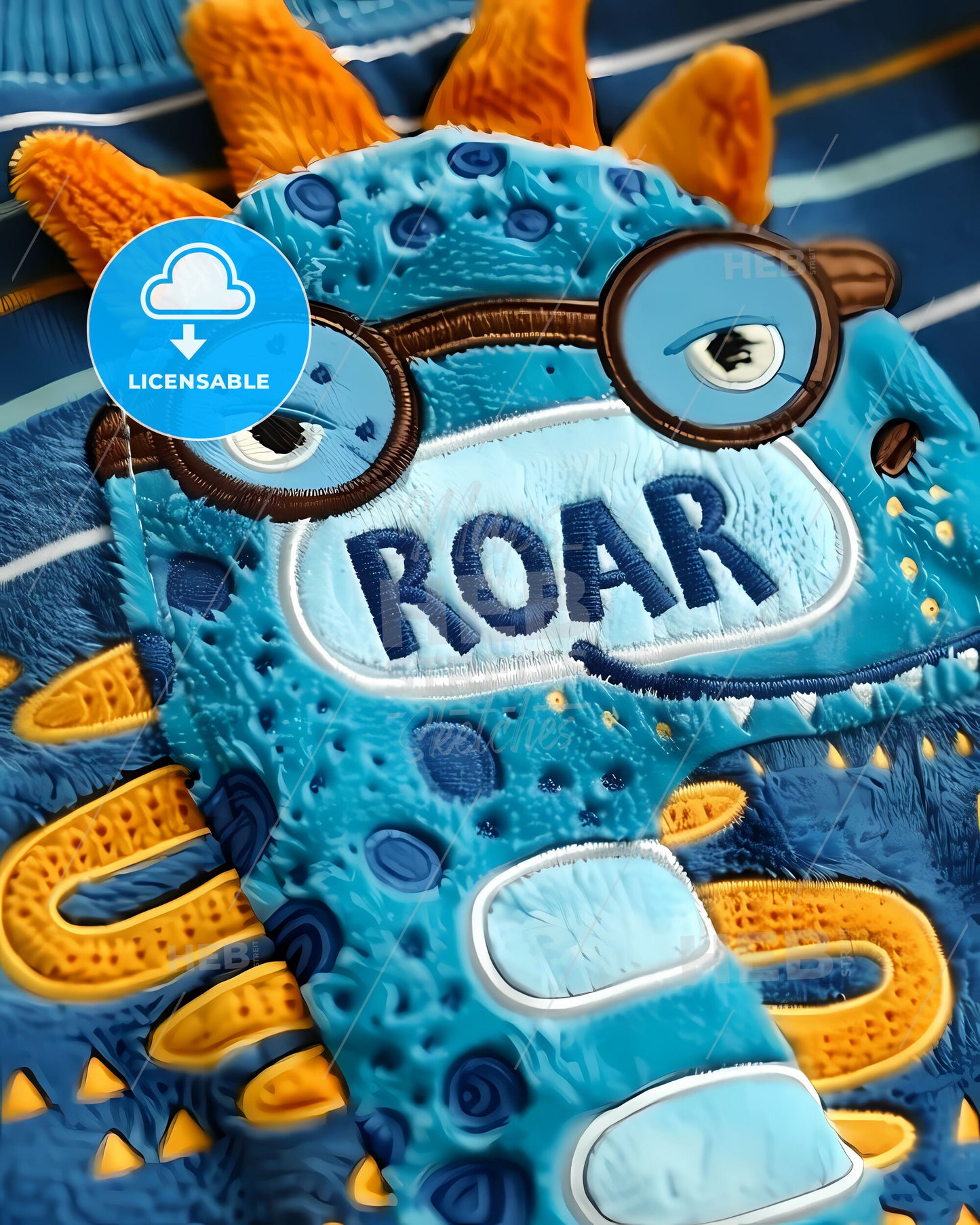 Blue Dino in Spectacles: Vibrant Cartoon Style Design for Childrens Plush Pyjamas with Colorful Print on Blue Background