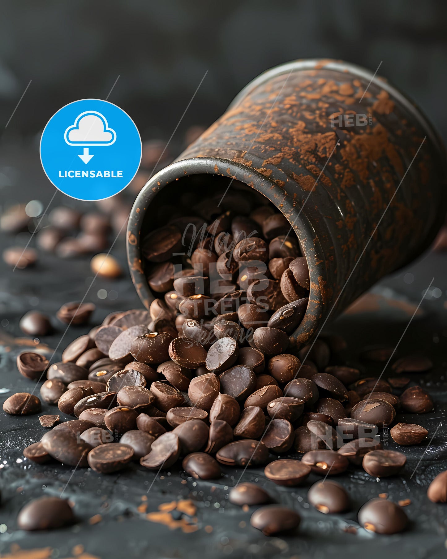 Vibrant Cup Painting: Spilled Brown Beans Burst from Tipping Can